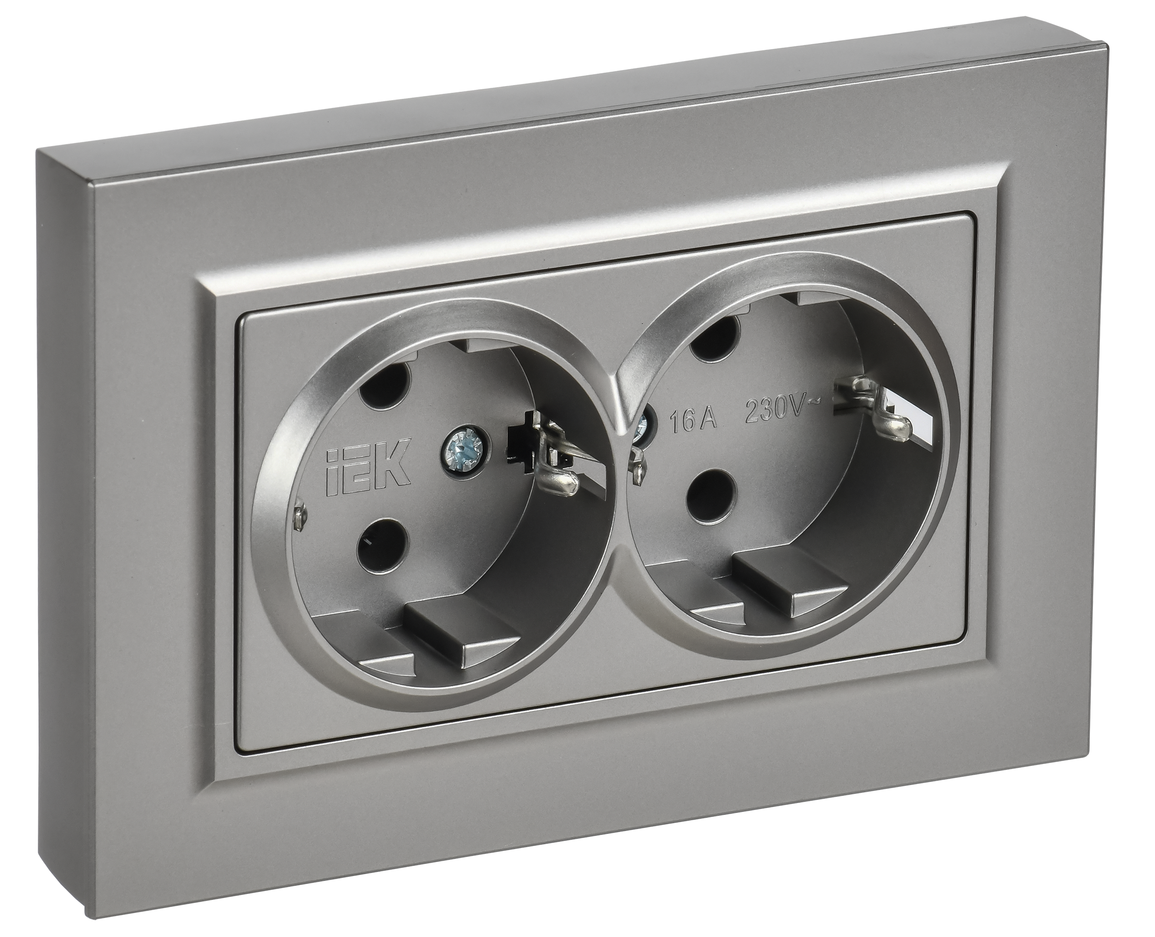 BRITE Розетка 2-местная с заземлением без защитных шторок плоская 16А в сборе РСПл12-3-БрС сталь IEK