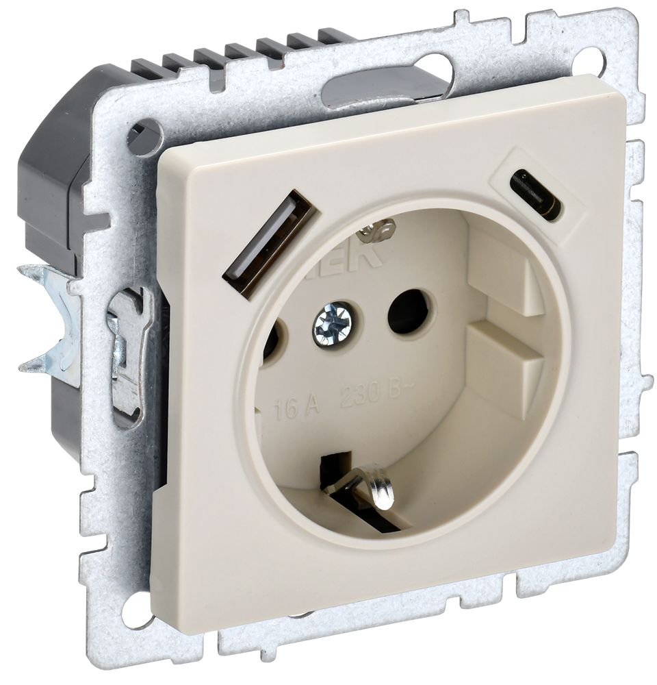 BRITE Розетка с заземлением с защитными шторками 16А с USB A+C 18Вт РЮш11-1-БрКр бежевый