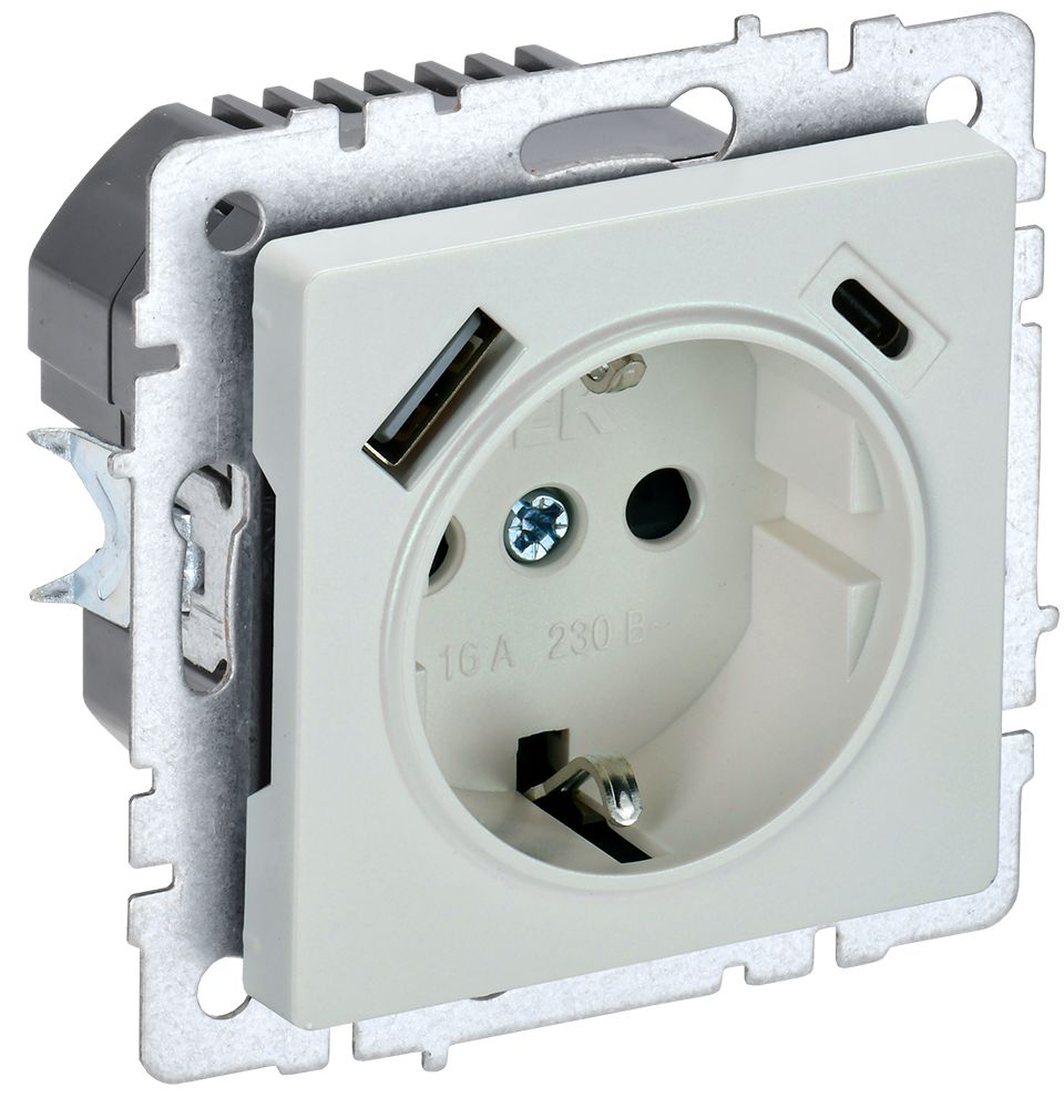 BRITE Розетка с заземлением с защитными шторками 16А с USB A+C 18Вт РЮш11-1-БрЖ жемчуг