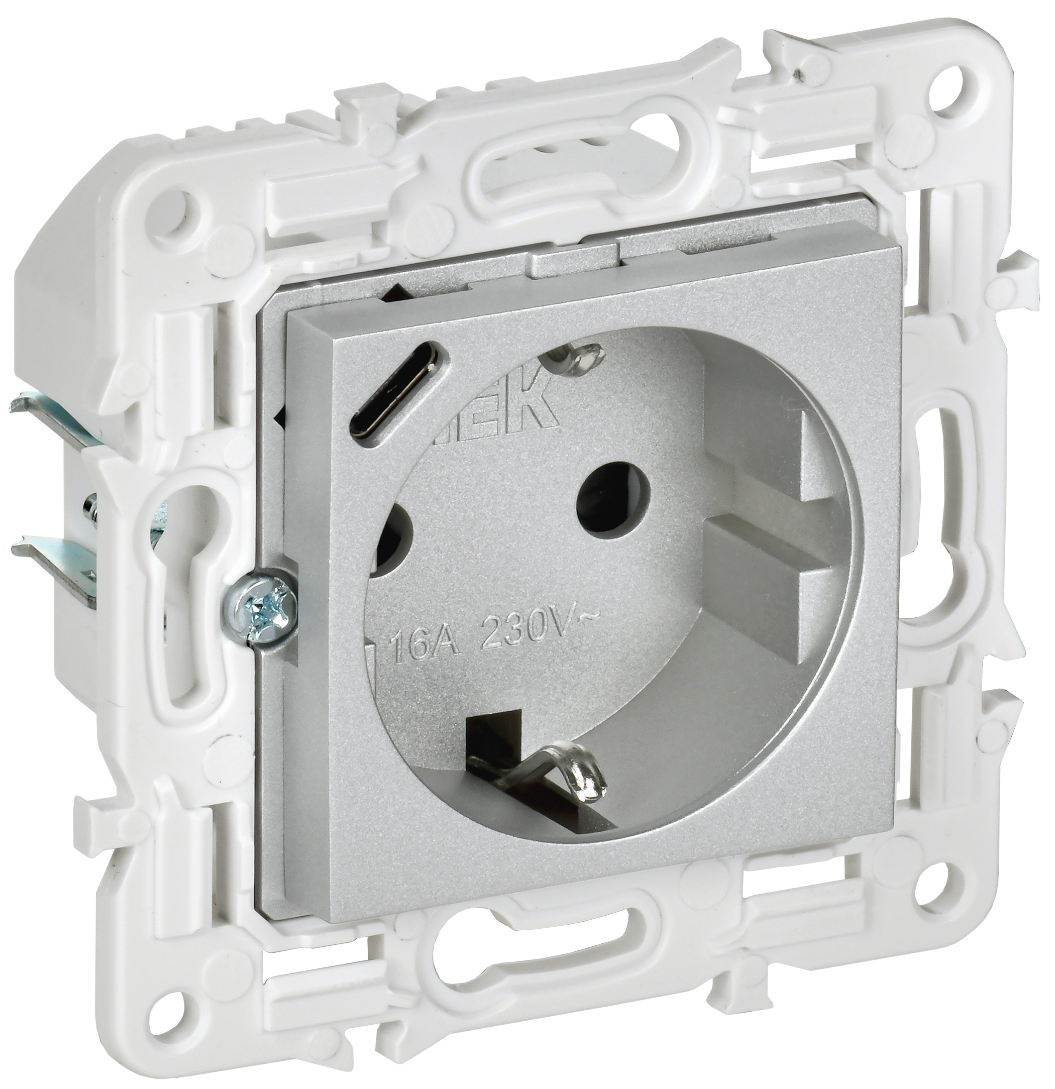 SKANDY Розетка с заземлением с защитными шторками 16А с USB C 18Вт SK-R17S серебряный IEK