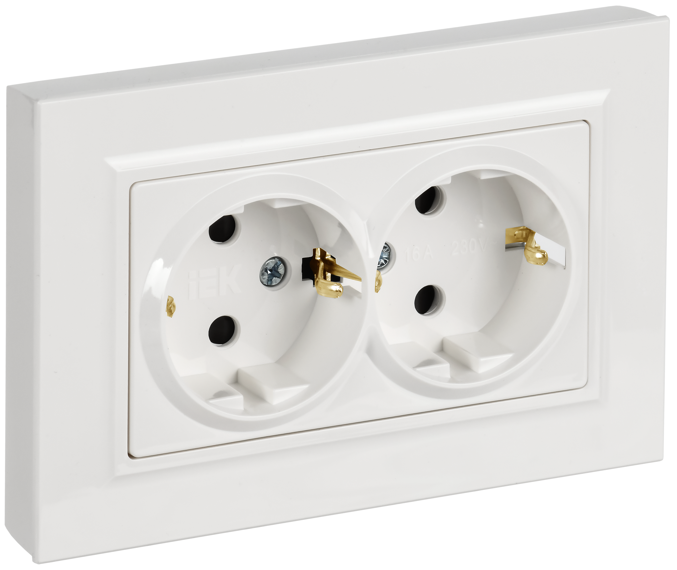 BRITE Розетка 2-местная с заземлением с защитными шторками плоская 16А в сборе РСшПл12-3-БрБ белый