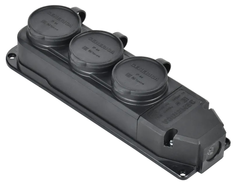 Розетка колодка тройная трехместнаяс защитной крышкой IP44 каучук черная GENERICA