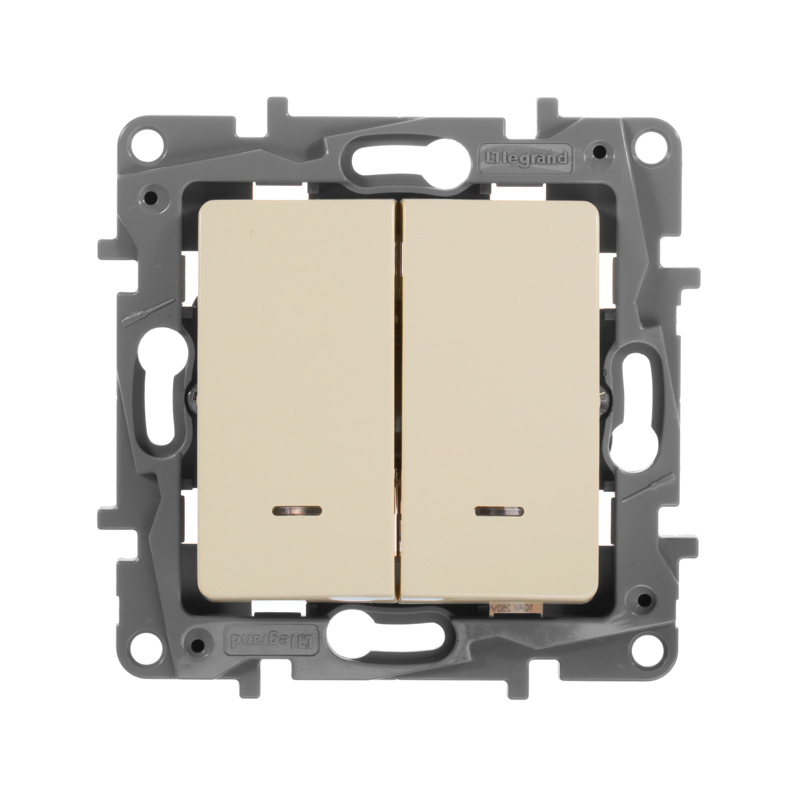 Выключатель 2-клавишный проходной с подсветкой/индикацией 10А безвинтовое крепление слоновая кость ETIKA