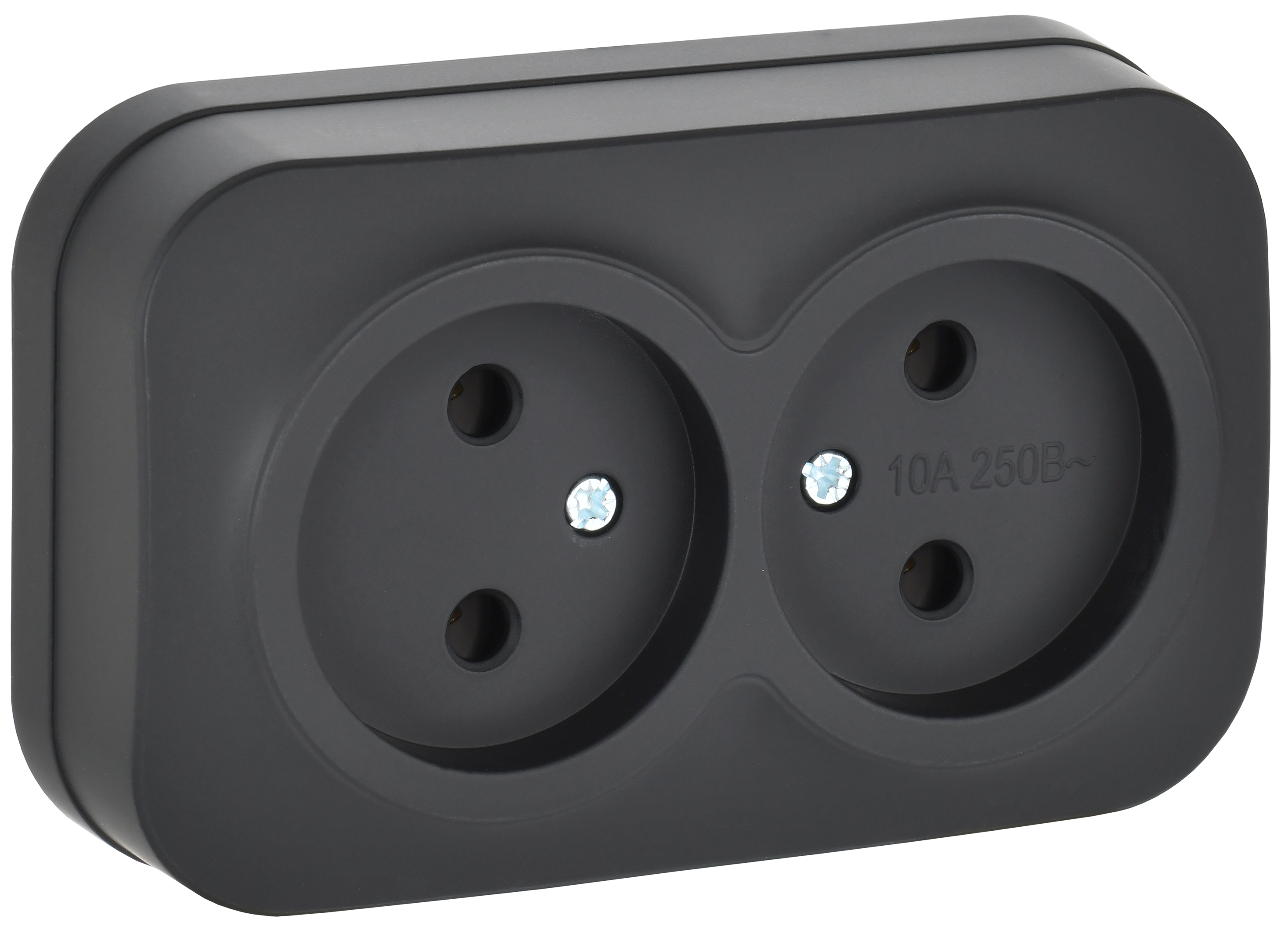 GLORY Розетка 2-местная для открытой установки без заземления без защитных шторок 10А РС22-2-ХЧм черный матовый IEK