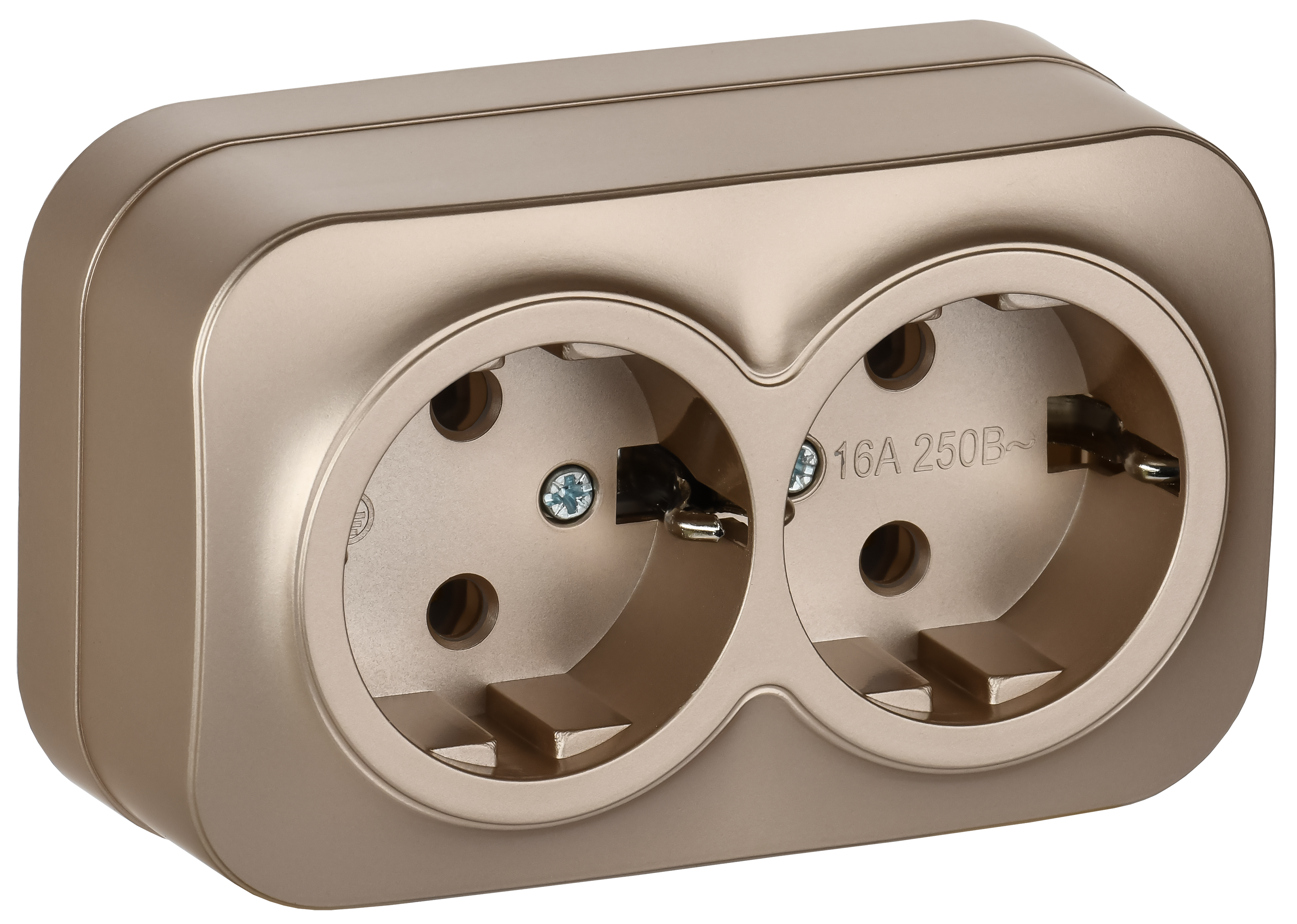 GLORY Розетка 2-местная для открытой установки с заземлением без защитных шторок 16А РС22-3-ХШм шампань матовый IEK