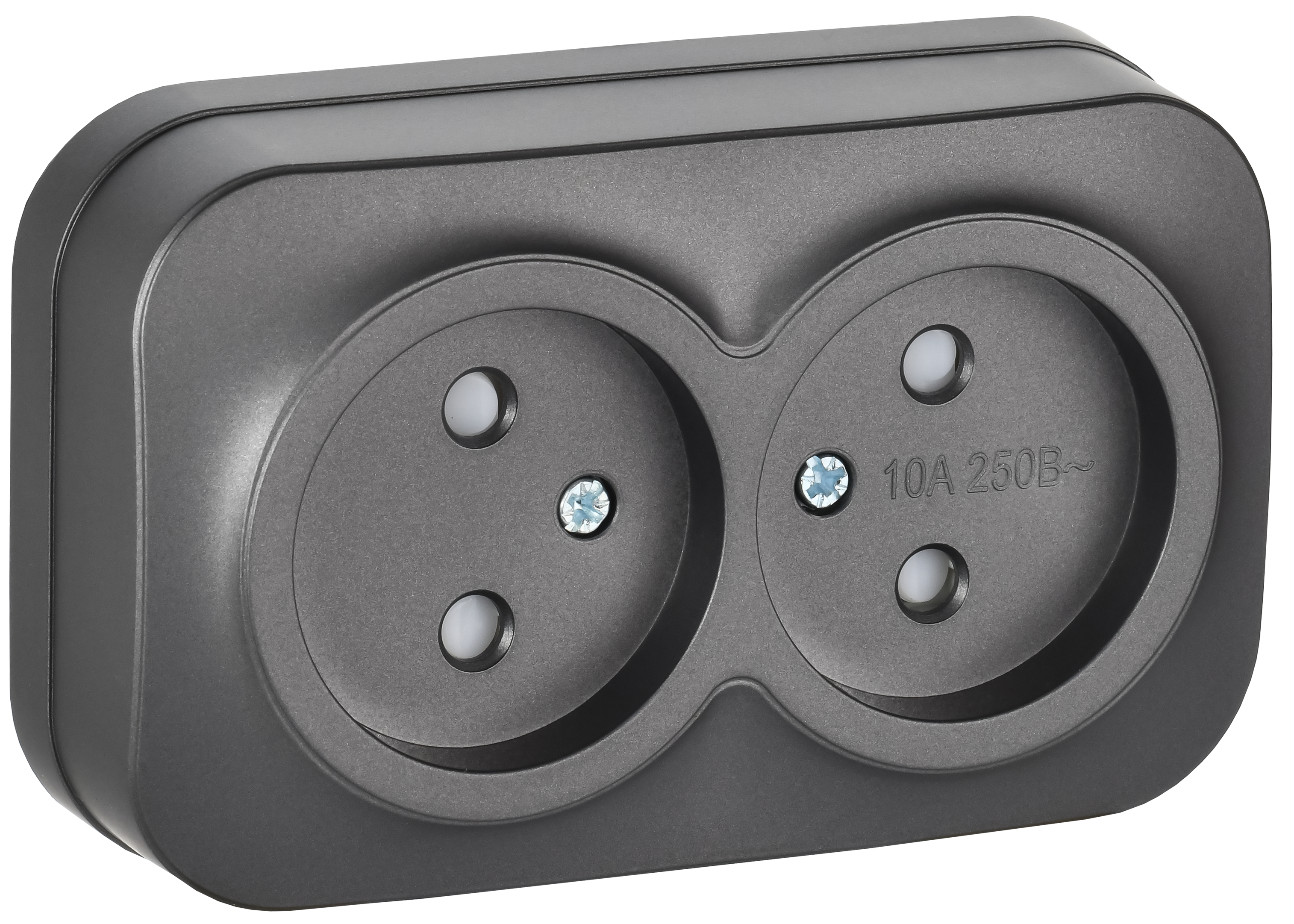 GLORY Розетка 2-местная для открытой установки без заземления с защитными шторками 10А РСш22-2-ХСм сталь матовый IEK