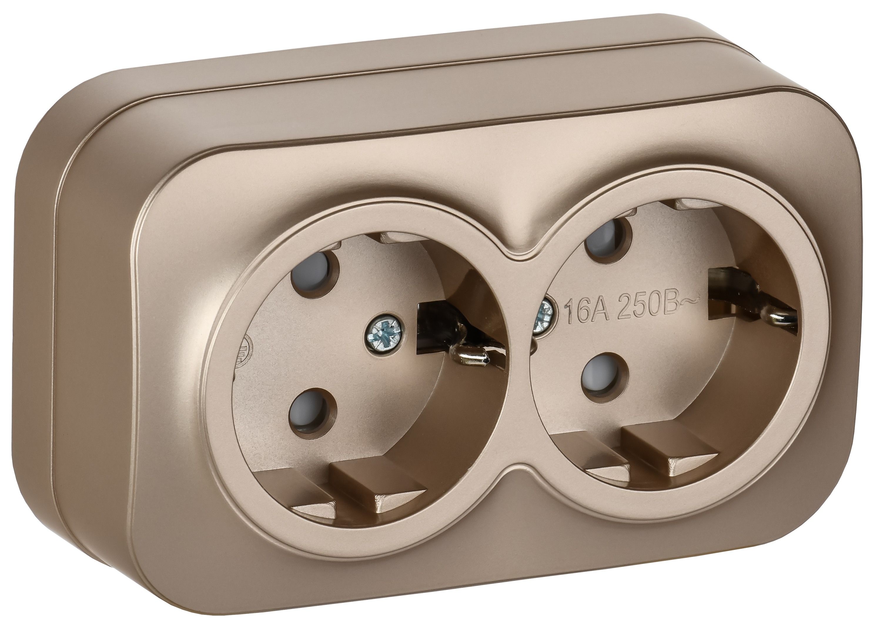 GLORY Розетка 2-местная для открытой установки с заземлением с защитными шторками 16А РСш22-3-ХШм шампань матовый IEK