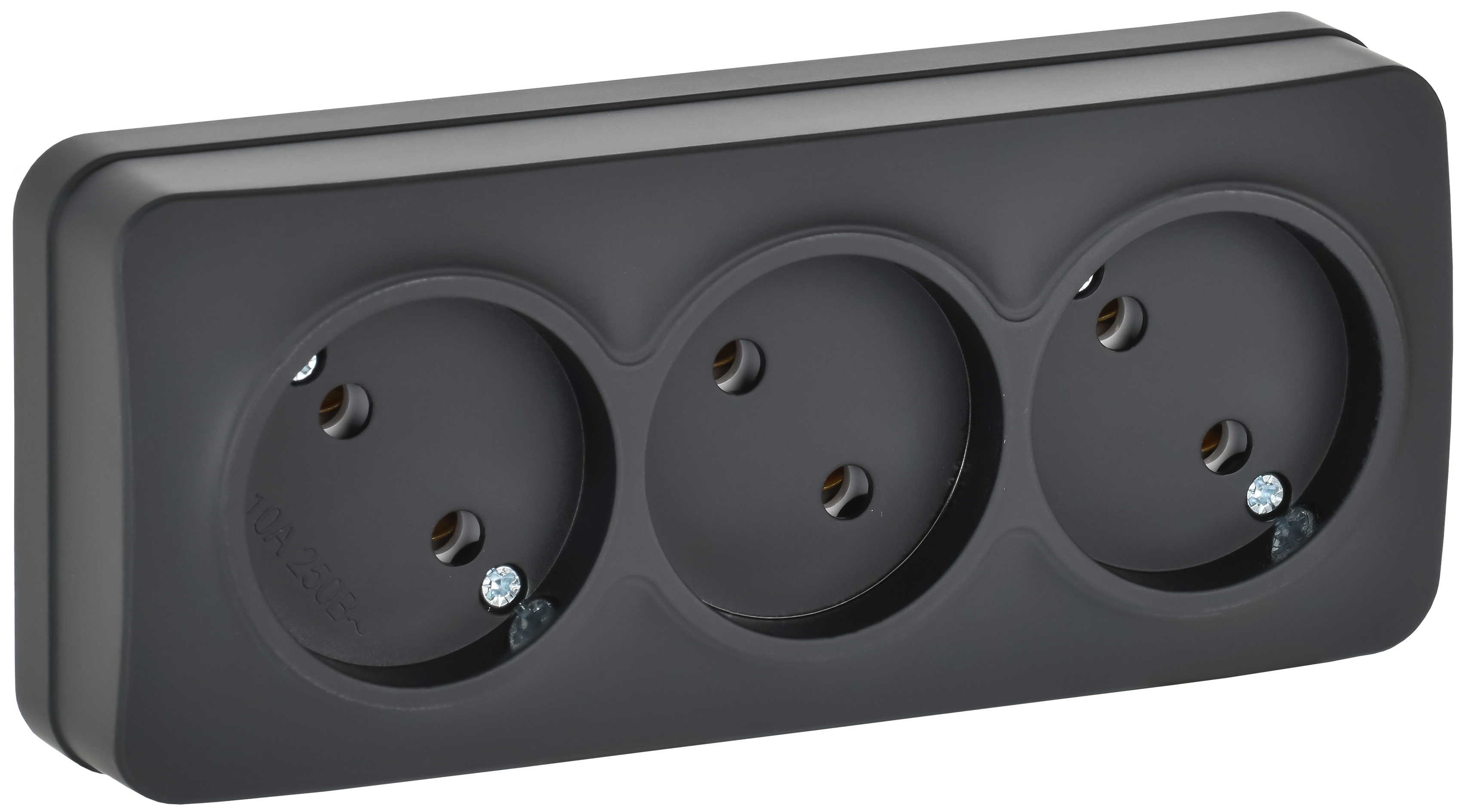 GLORY Розетка 3-местная для открытой установки без заземления без защитных шторок 10А РС23-2-ХЧм черный матовый IEK