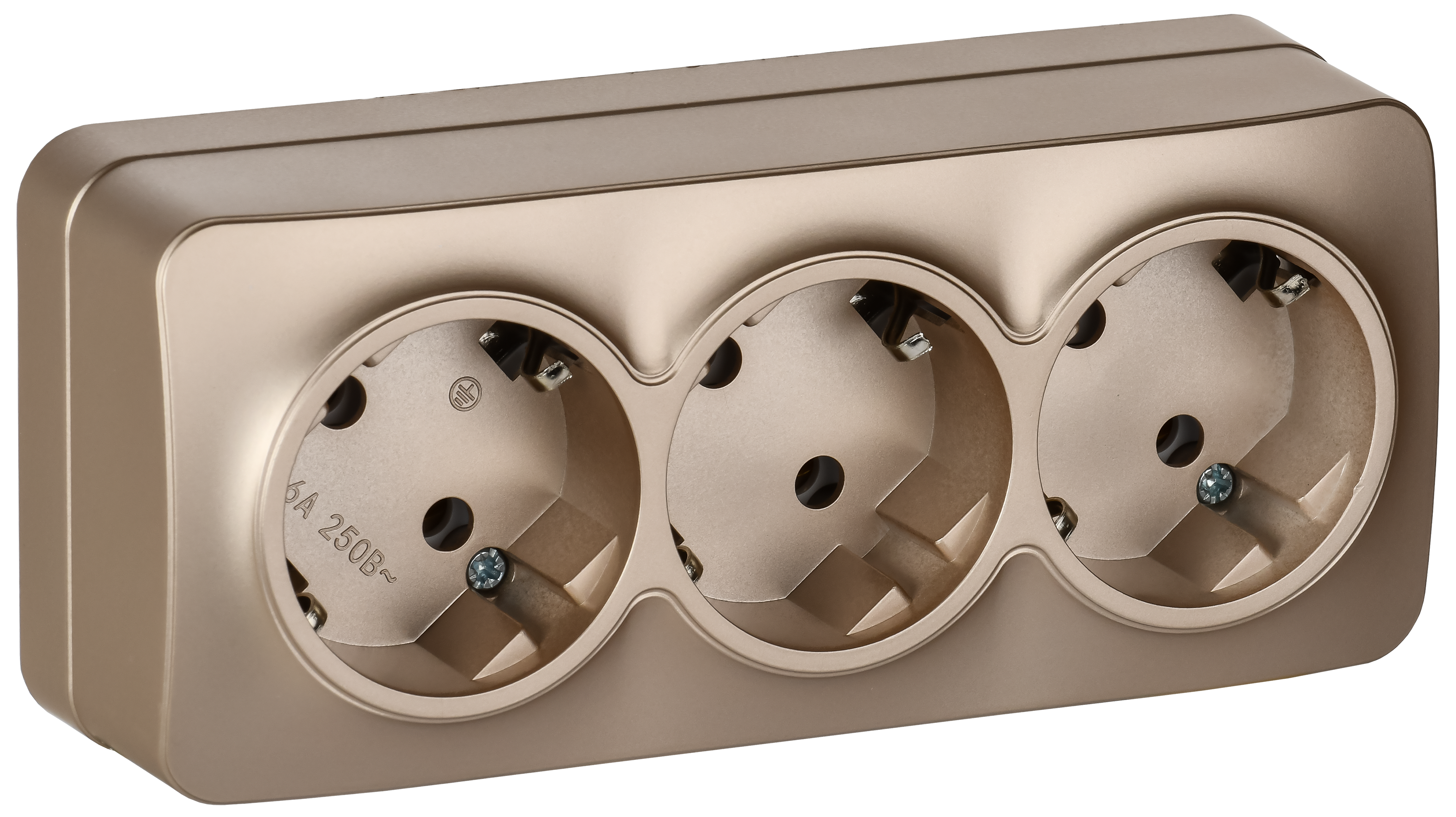 GLORY Розетка 3-местная для открытой установки с заземлением без защитных шторок 16А РС23-3-ХШм шампань матовый IEK