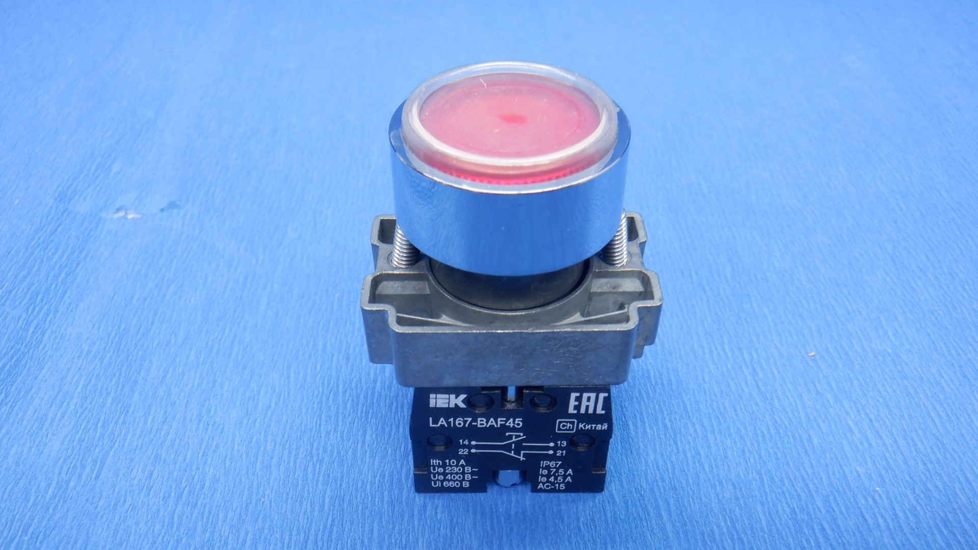 Кнопка LA167-BAF45 d=22мм 1з+1р красная