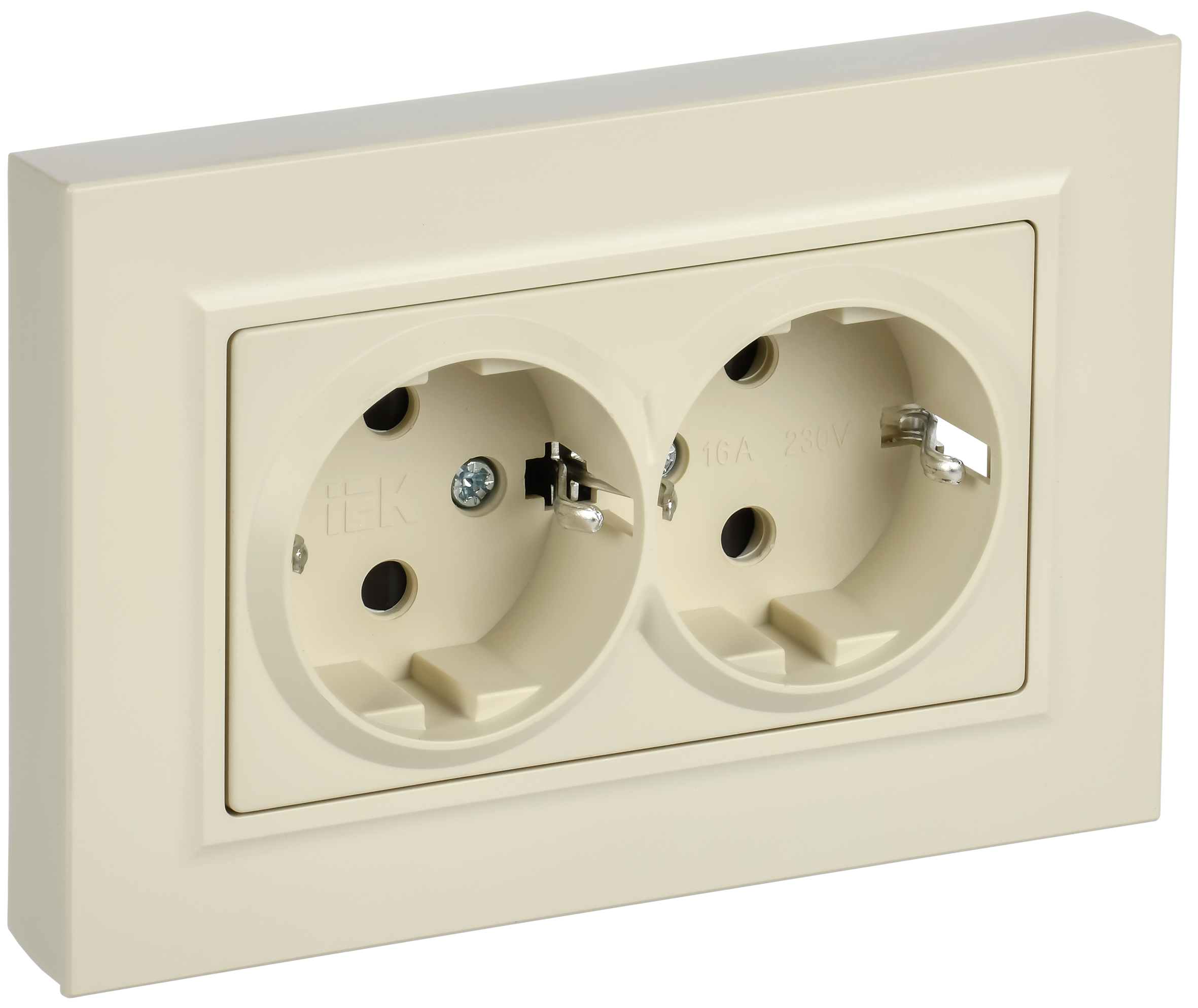 BRITE Розетка 2-местная с заземлением с защитными шторками плоская 16А в сборе РСшПл12-3-БрКр бежевый IEK