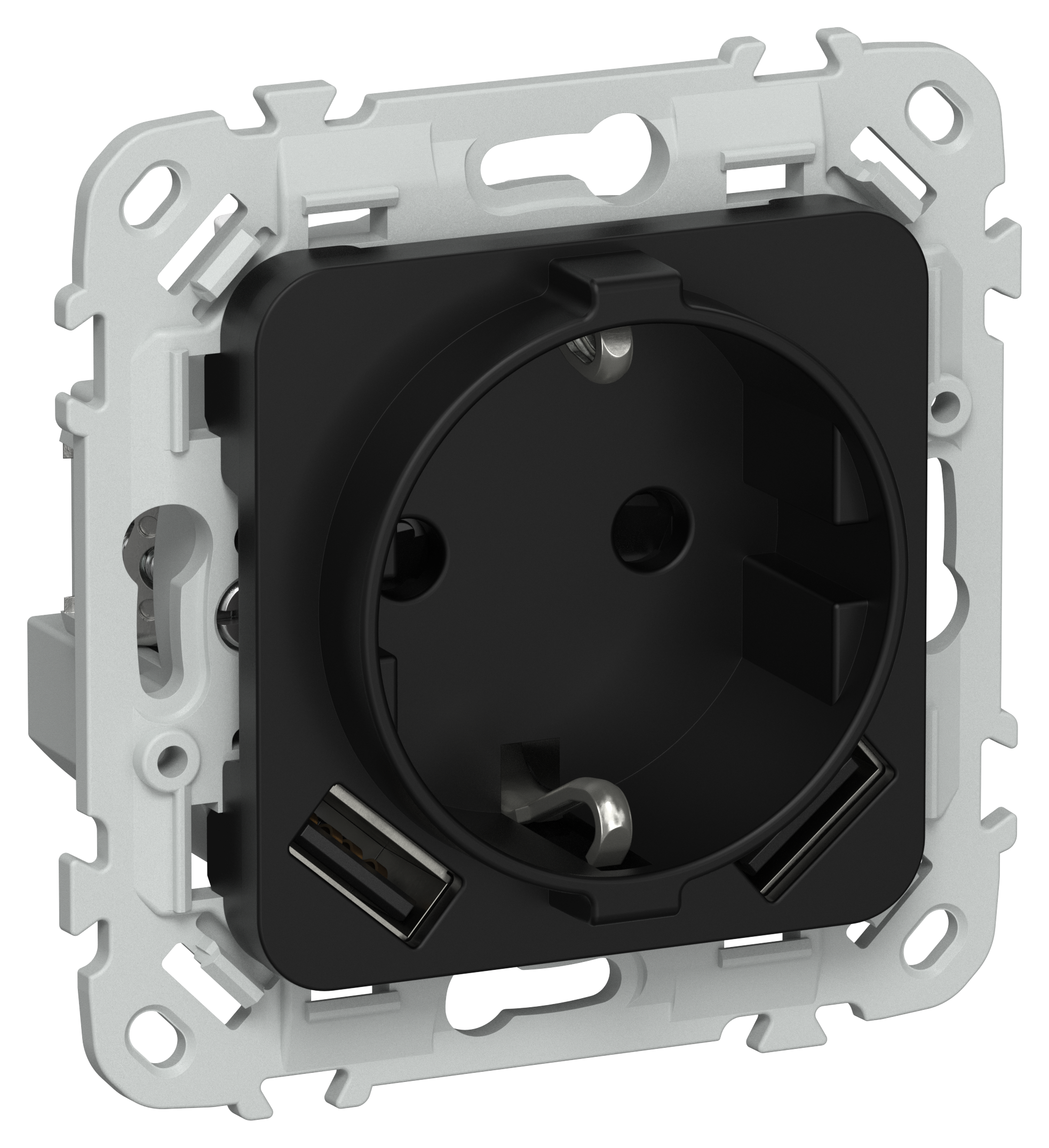 FLITE Розетка 1-местная с заземлением с защитными шторками 16А с USB A+A 3,1А безвинтовое крепление РСЮша11-1-ФлЧ черный IEK