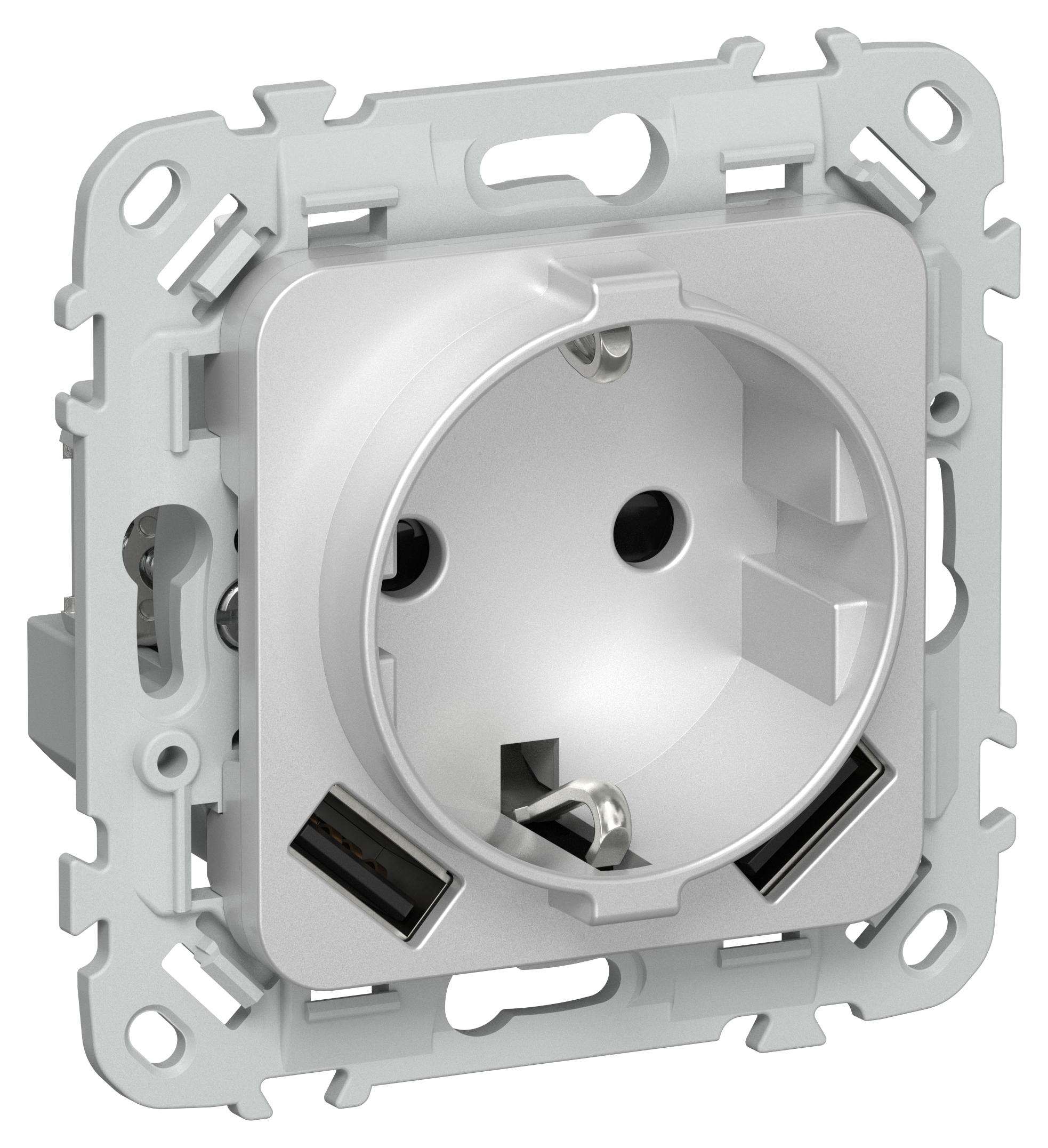 FLITE Розетка 1-местная с заземлением с защитными шторками 16А с USB A+A 3,1А безвинтовое крепление РСЮша11-1-ФлА алюминий IEK