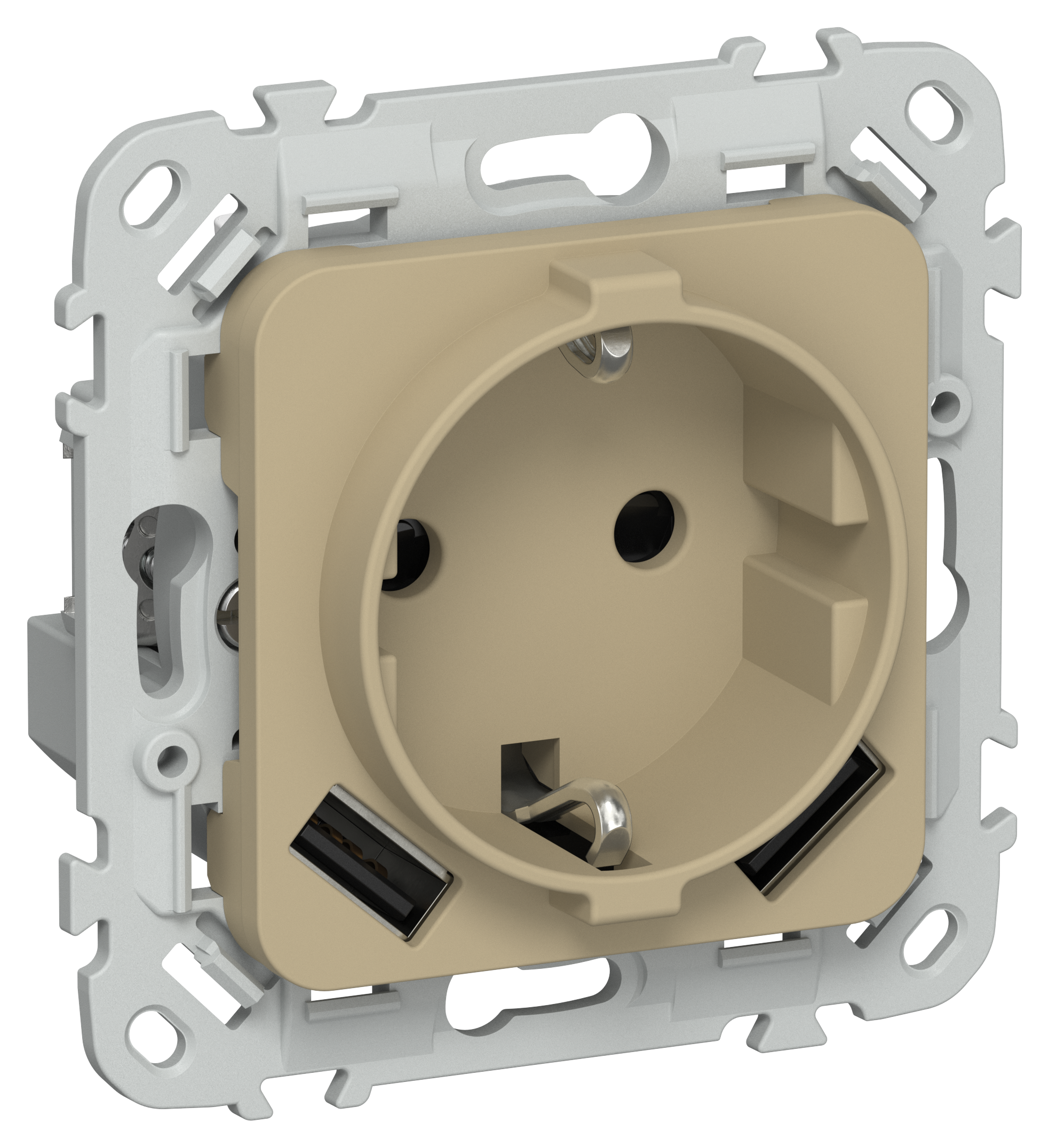 FLITE Розетка 1-местная с заземлением с защитными шторками 16А с USB A+A 3,1А безвинтовое крепление РСЮша11-1-ФлХ хаки IEK