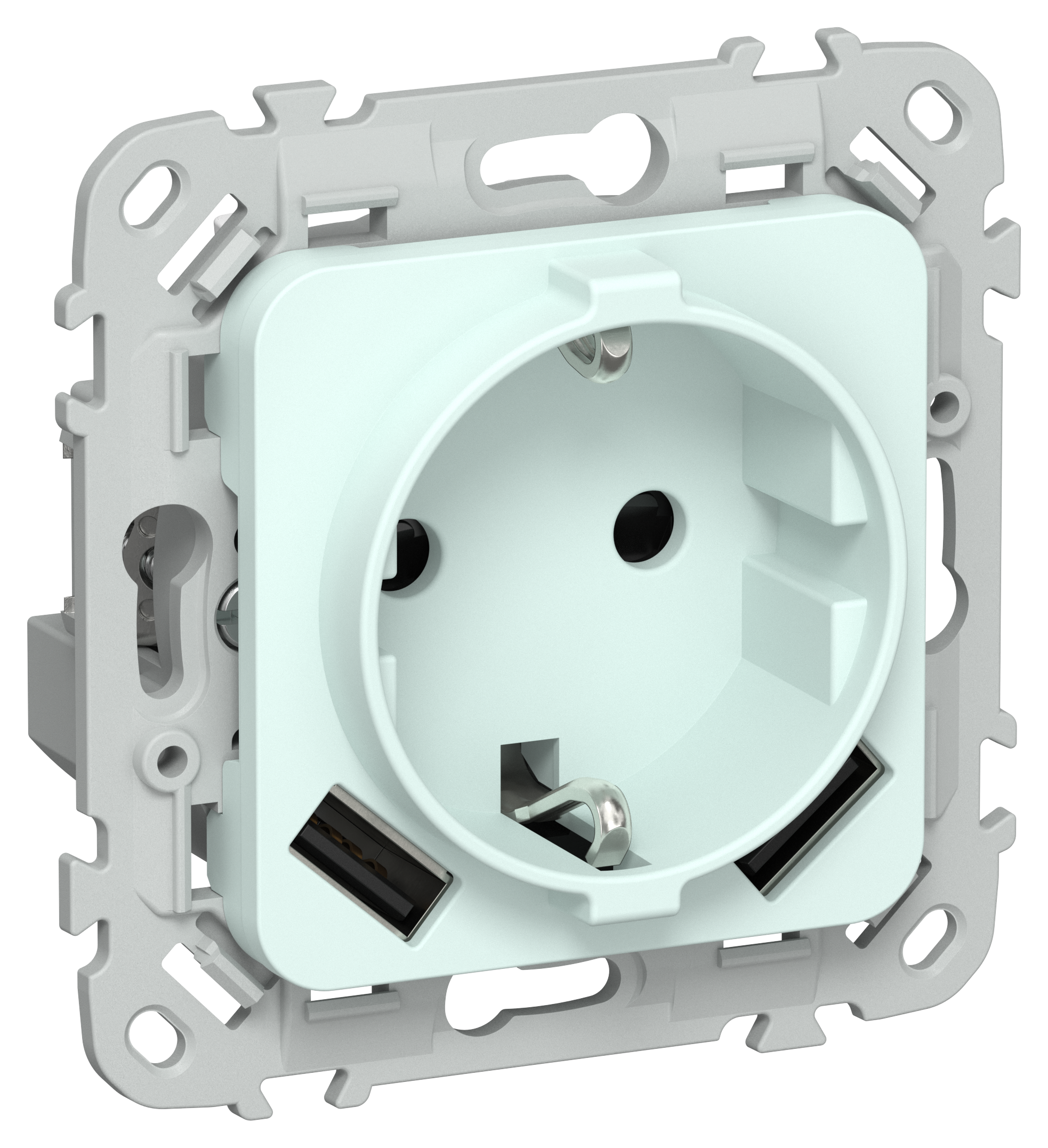 FLITE Розетка 1-местная с заземлением с защитными шторками 16А с USB A+A 3,1А безвинтовое крепление РСЮша11-1-ФлХЛ холодный лед IEK