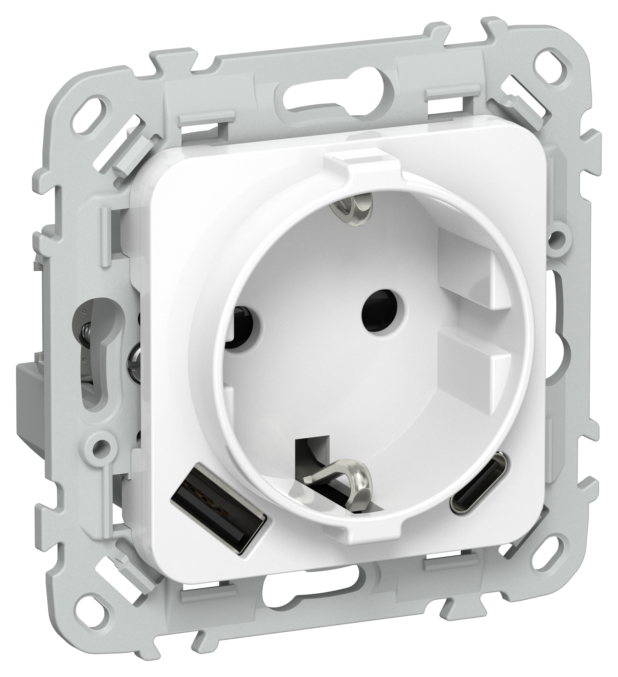 FLITE Розетка 1-местная с заземлением с защитными шторками 16А с USB A+C 20Вт безвинтовое крепление РСЮшс11-1-ФлБ белый IEK