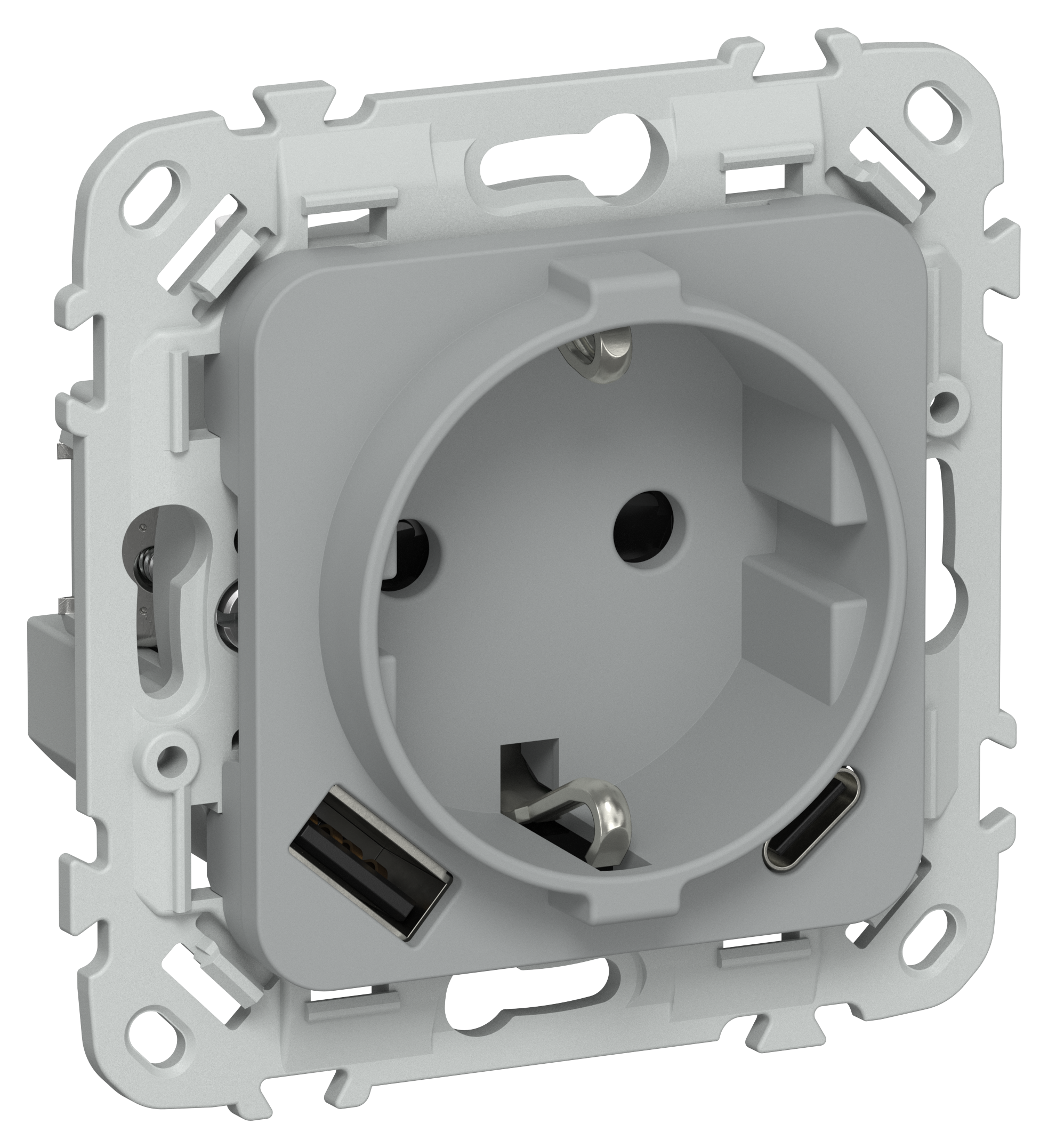FLITE Розетка 1-местная с заземлением с защитными шторками 16А с USB A+C 20Вт безвинтовое крепление РСЮшс11-1-ФлС серый IEK