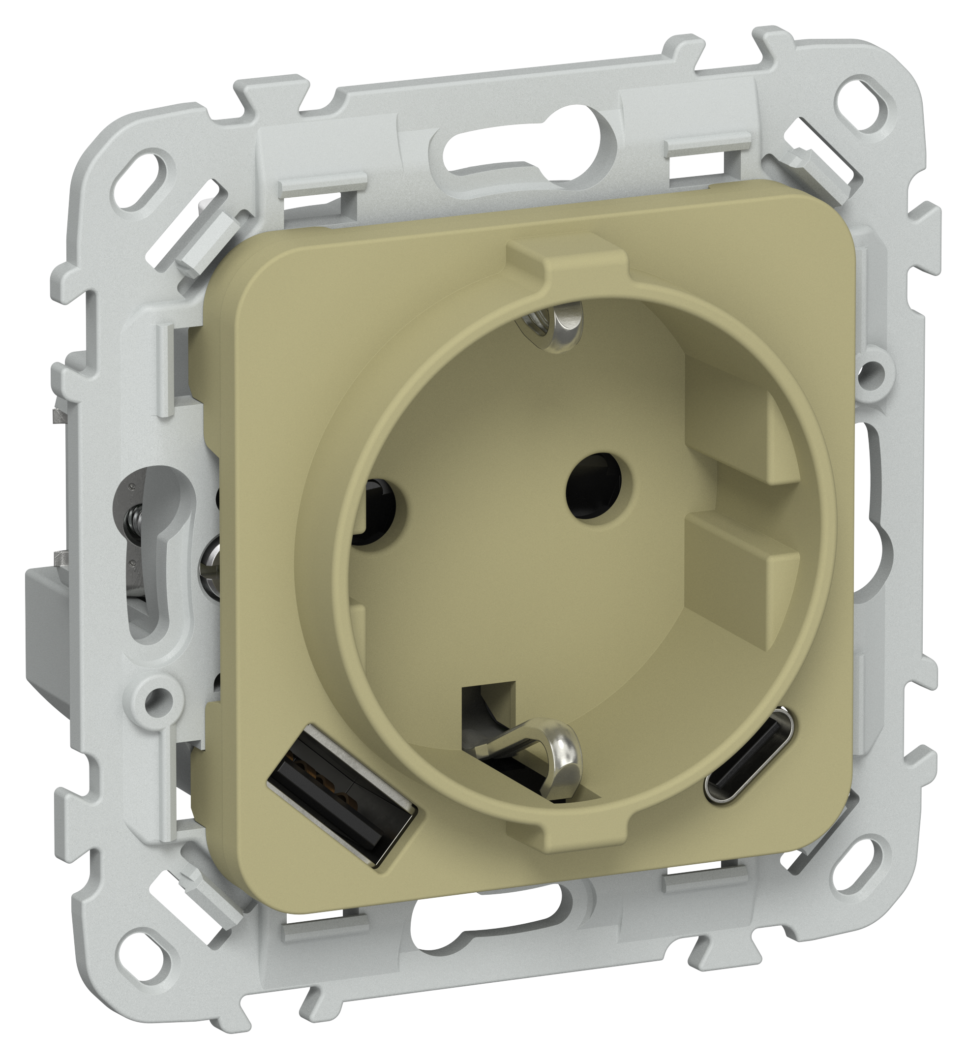 FLITE Розетка 1-местная с заземлением с защитными шторками 16А с USB A+C 20Вт безвинтовое крепление РСЮшс11-1-ФлО оливковый IEK