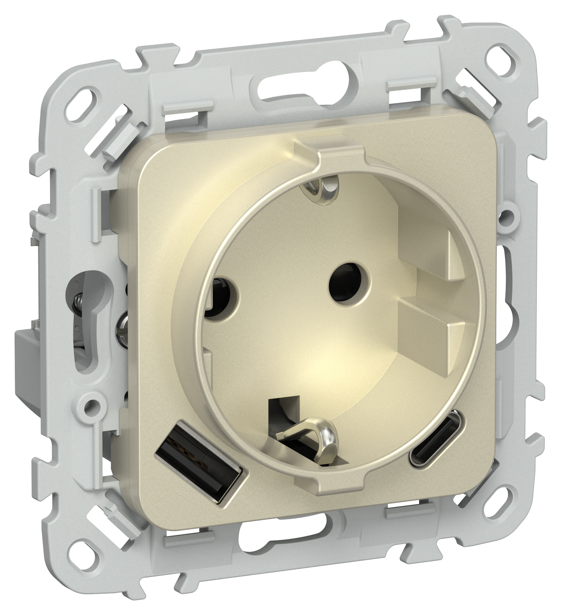 FLITE Розетка 1-местная с заземлением с защитными шторками 16А с USB A+C 20Вт безвинтовое крепление РСЮшс11-1-ФлШ шампань IEK