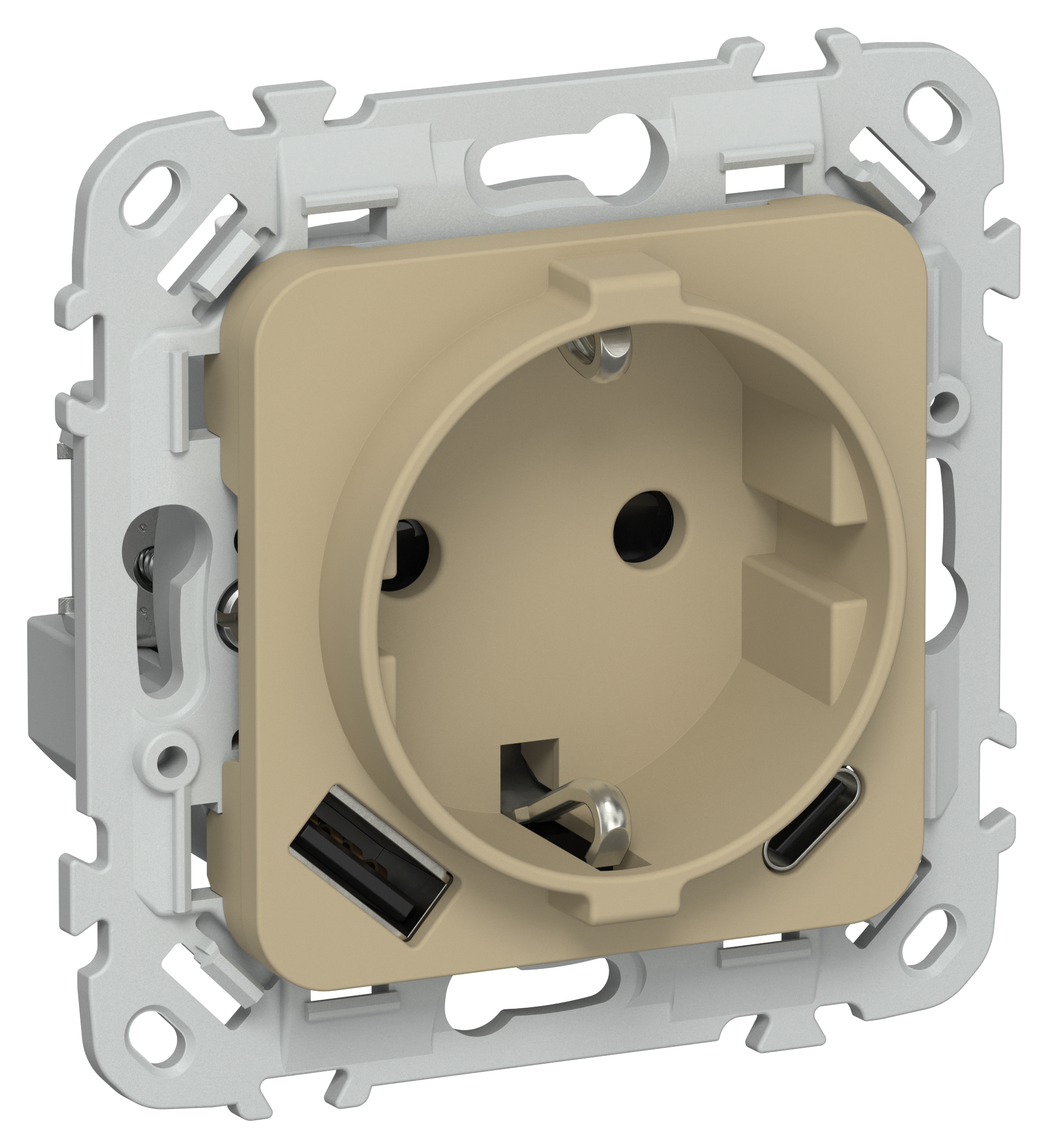 FLITE Розетка 1-местная с заземлением с защитными шторками 16А с USB A+C 20Вт безвинтовое крепление РСЮшс11-1-ФлХ хаки IEK