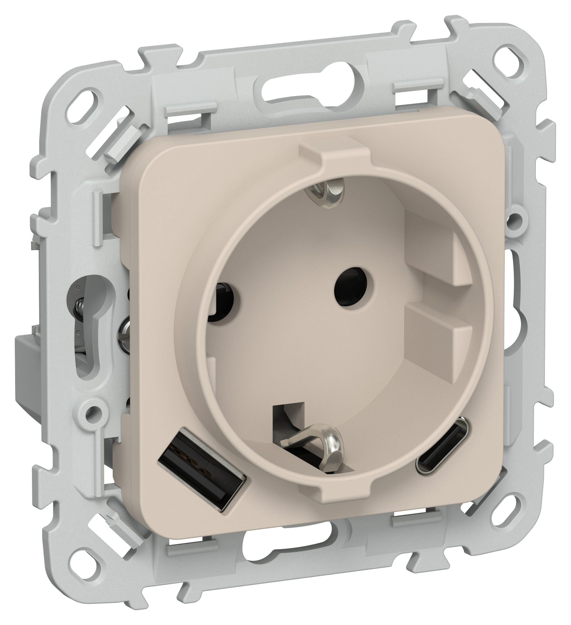 FLITE Розетка 1-местная с заземлением с защитными шторками 16А с USB A+C 20Вт безвинтовое крепление РСЮшс11-1-ФлЛ льняной IEK