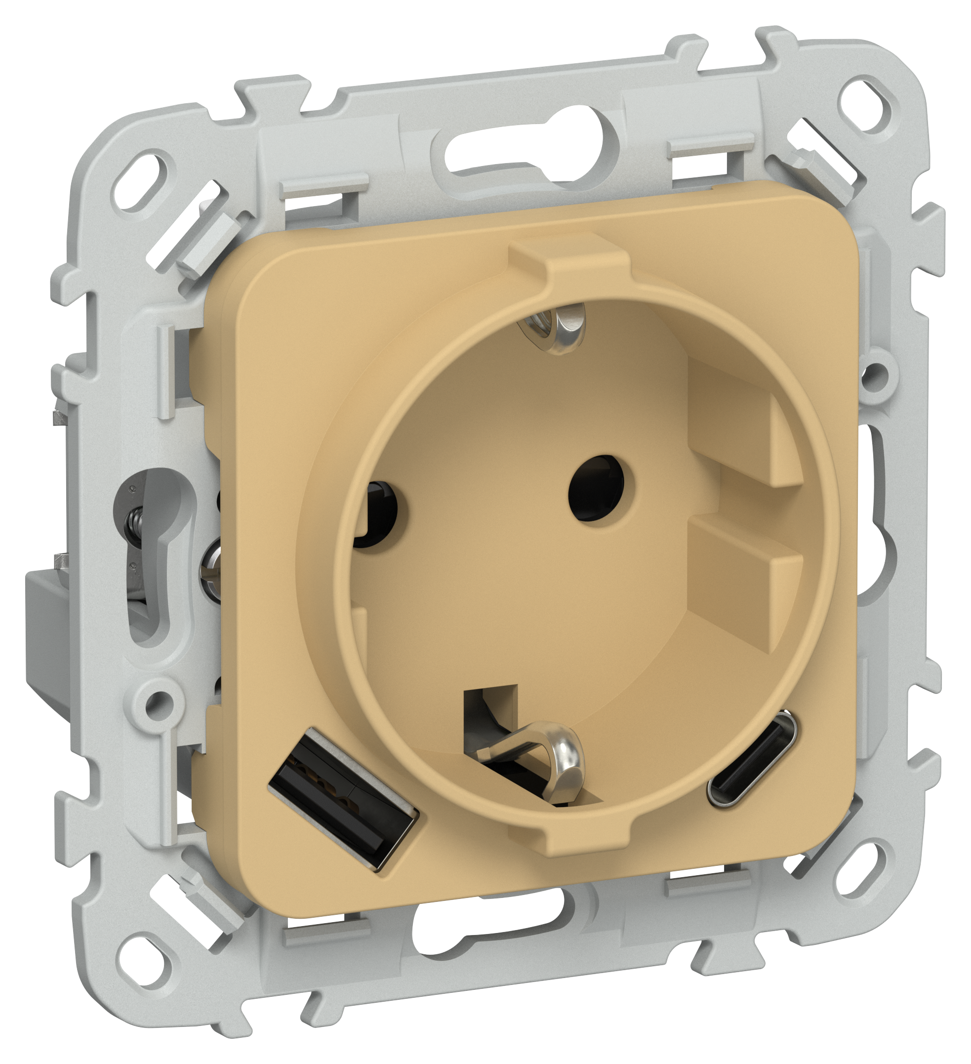FLITE Розетка 1-местная с заземлением с защитными шторками 16А с USB A+C 20Вт безвинтовое крепление РСЮшс11-1-ФлШм шамуа IEK