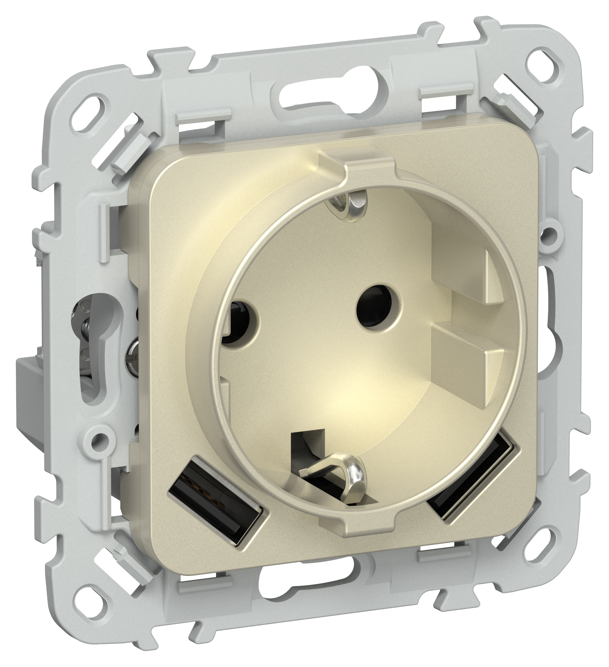 FLITE Розетка 1-местная с заземлением с защитными шторками 16А с USB A+A 3,1А РСЮша11-0-ФлШ шампань IEK