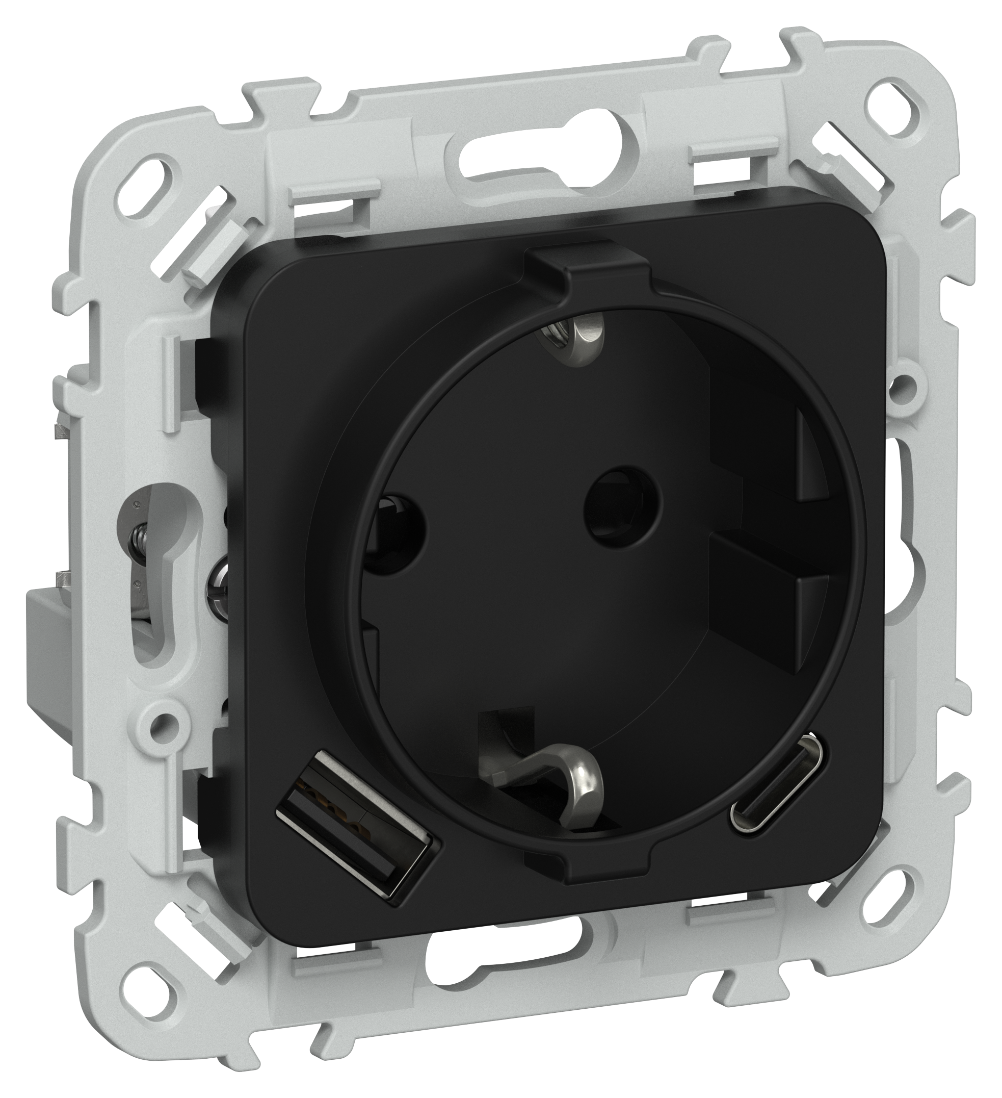 FLITE Розетка 1-местная с заземлением с защитными шторками 16А с USB A+C 20Вт РСЮшс11-0-ФлЧ черный IEK