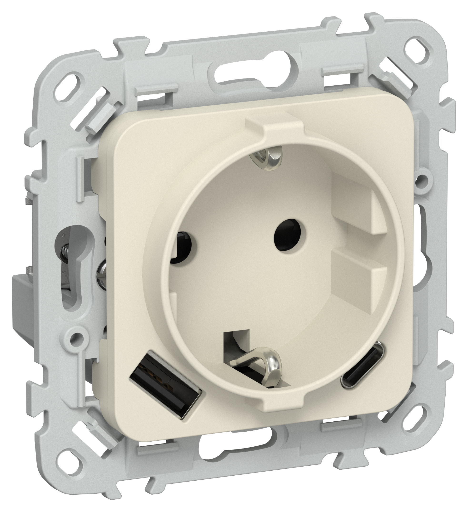 FLITE Розетка 1-местная с заземлением с защитными шторками 16А с USB A+C 20Вт РСЮшс11-0-ФлСл сливочный IEK