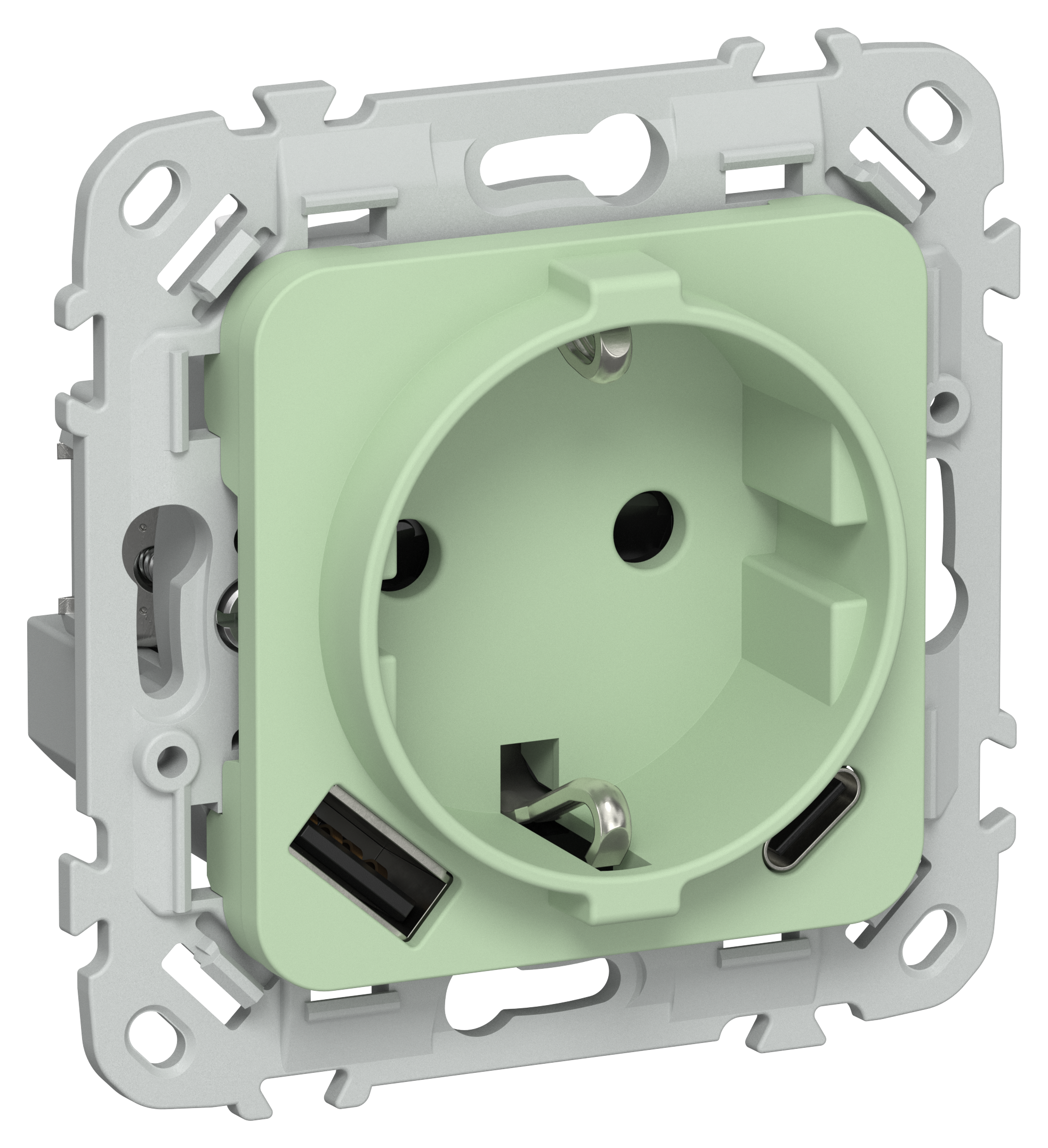 FLITE Розетка 1-местная с заземлением с защитными шторками 16А с USB A+C 20Вт РСЮшс11-0-ФлФ фисташковый IEK