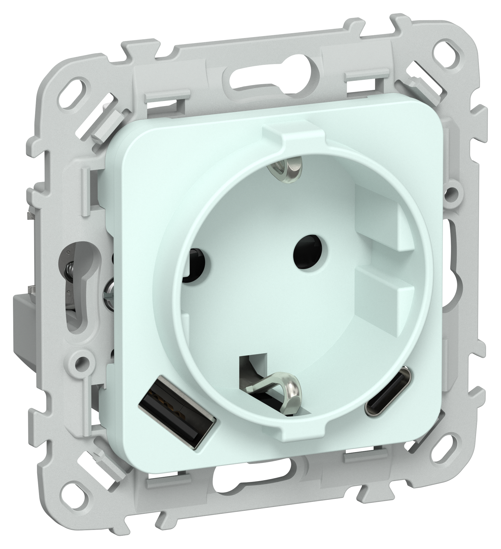 FLITE Розетка 1-местная с заземлением с защитными шторками 16А с USB A+C 20Вт РСЮшс11-0-ФлХЛ холодный лед IEK