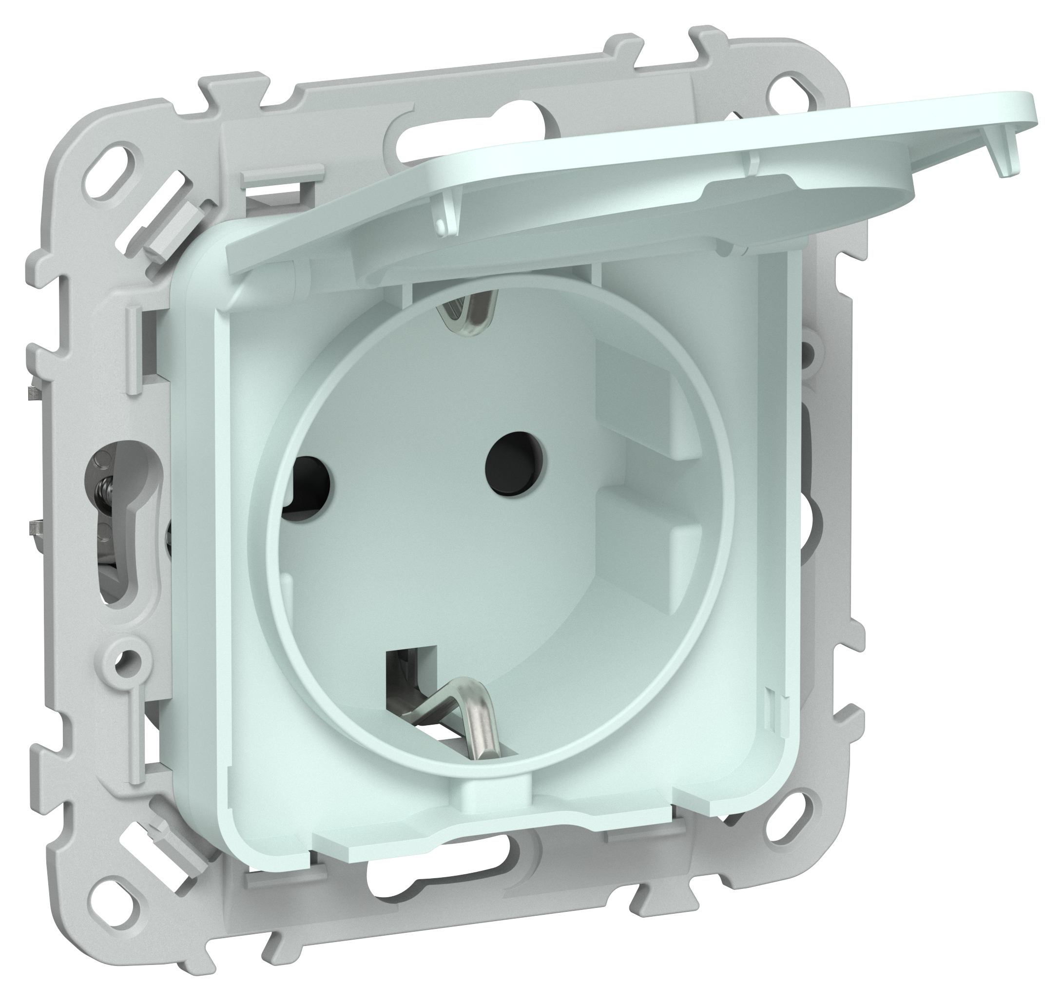 FLITE Розетка с заземлением с защитными шторками и крышкой безвинтовое крепление 16А IP44 РСшкр11-1-44-ФлХЛ холодный лед IEK