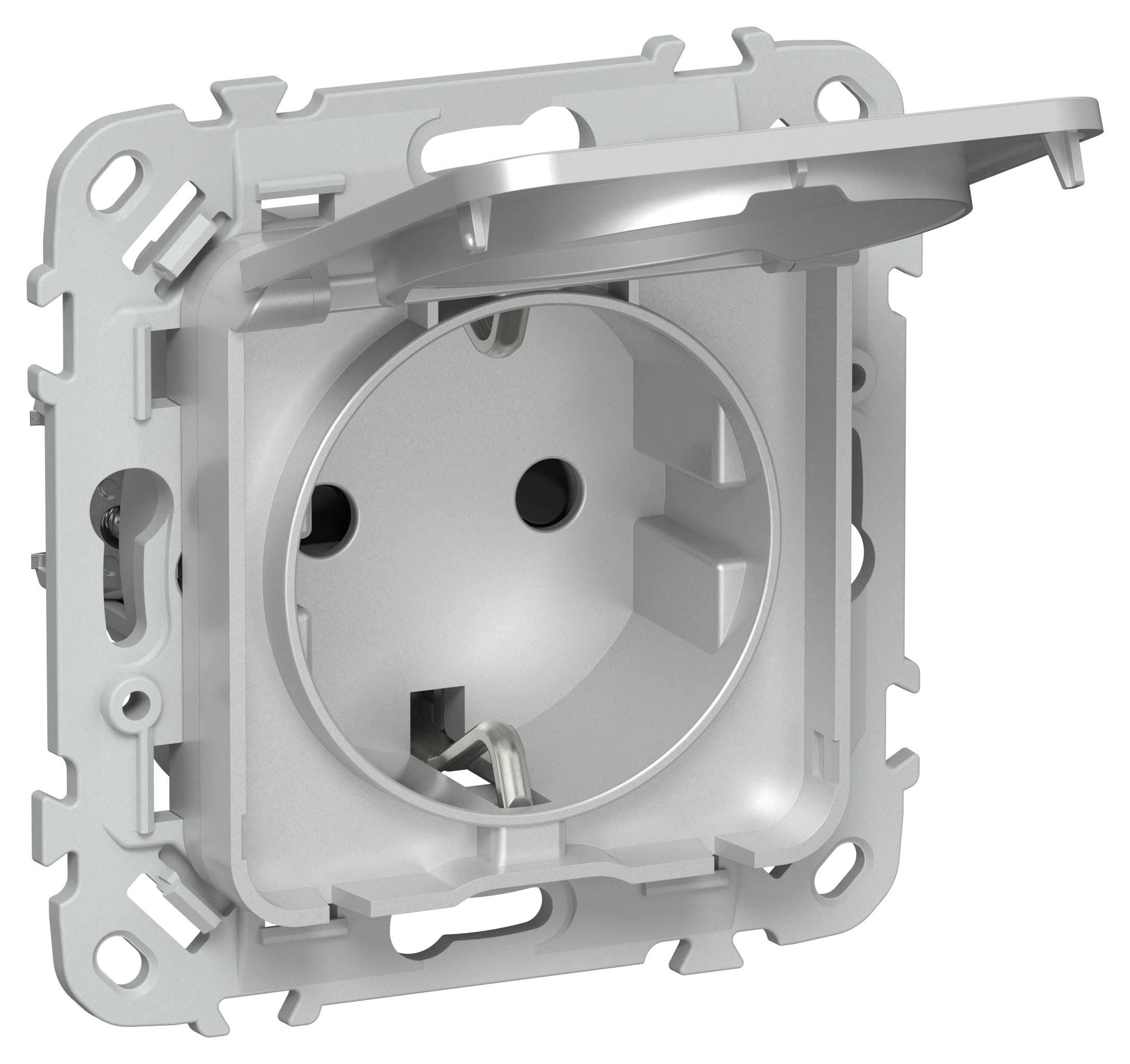 FLITE Розетка с заземлением с защитными шторками и крышкой 16А IP44 РСшкр11-0-44-ФлА алюминий IEK
