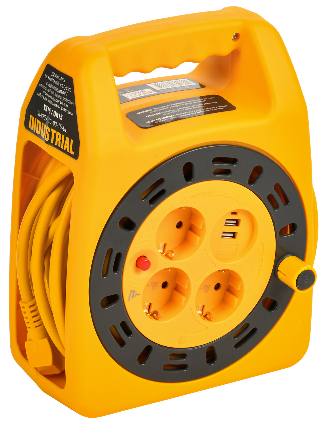 Катушка с заземлением и термозащитой УК15 3 места 2P+PE 3х1,5 мм 2 USB х 2 LED 15 м INDUSTRIAL