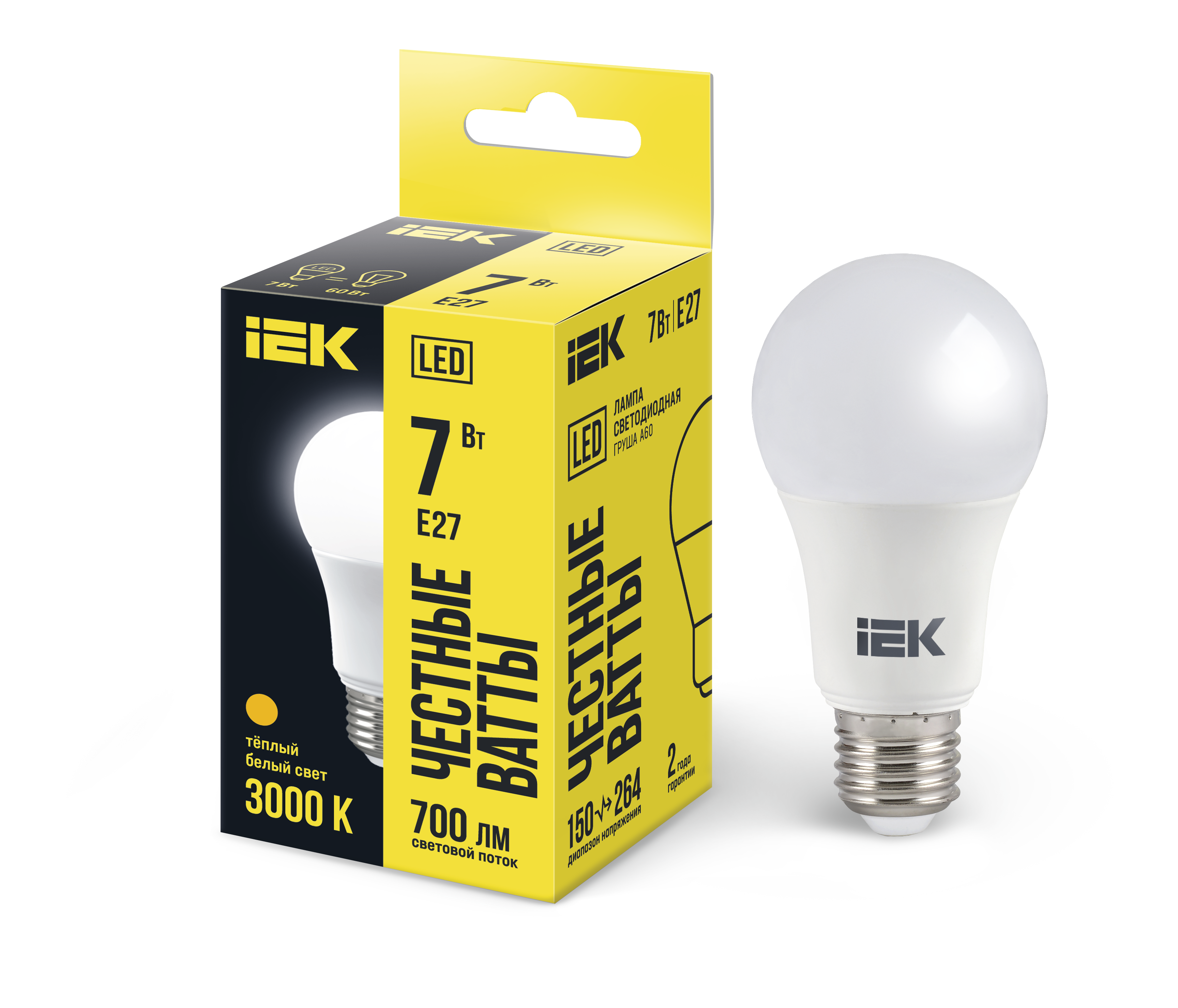 Лампа светодиодная A60 груша 7Вт 230В 3000К E27