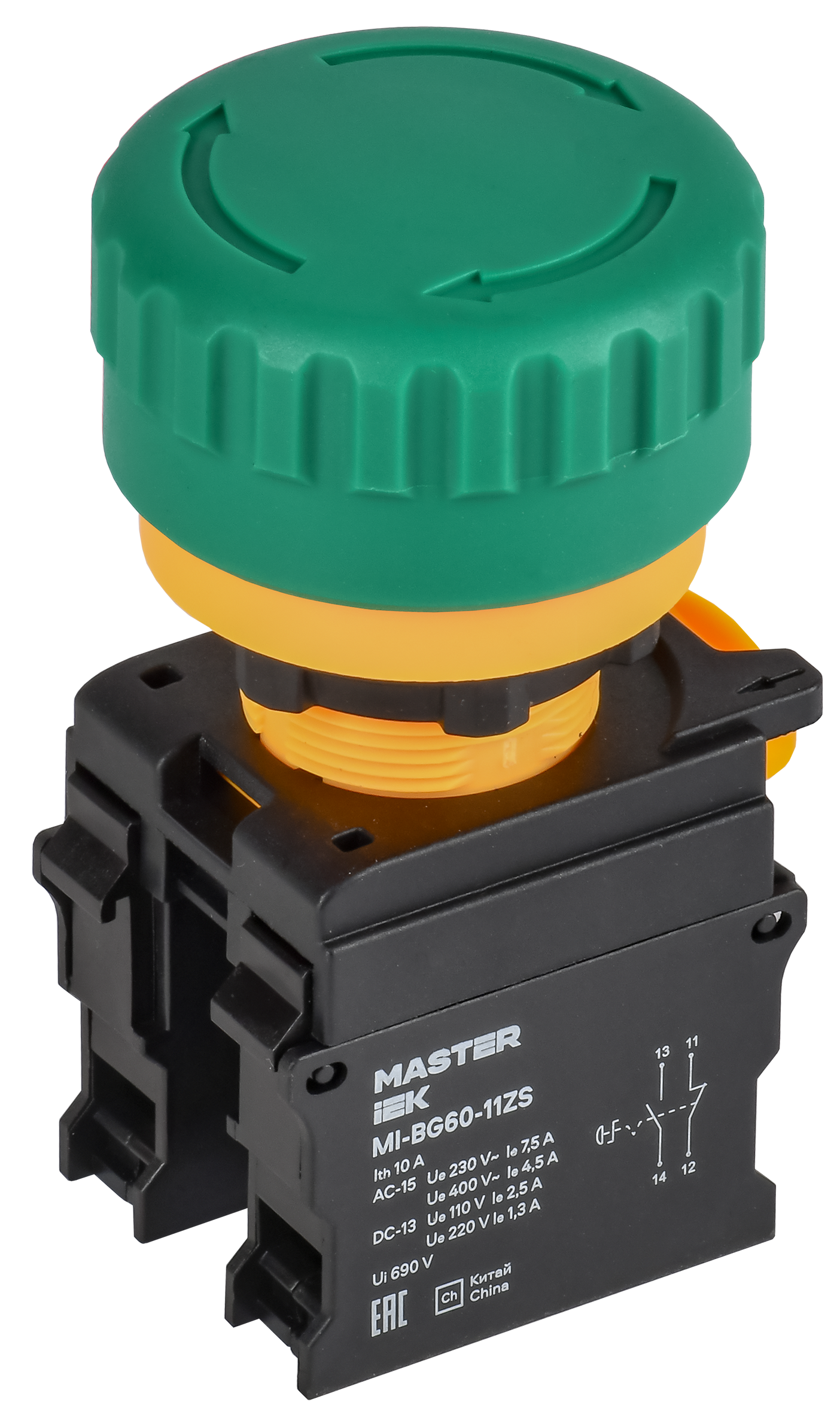 Кнопка Грибок поворот. с фикс. 1NO+1NC зелёная MASTER