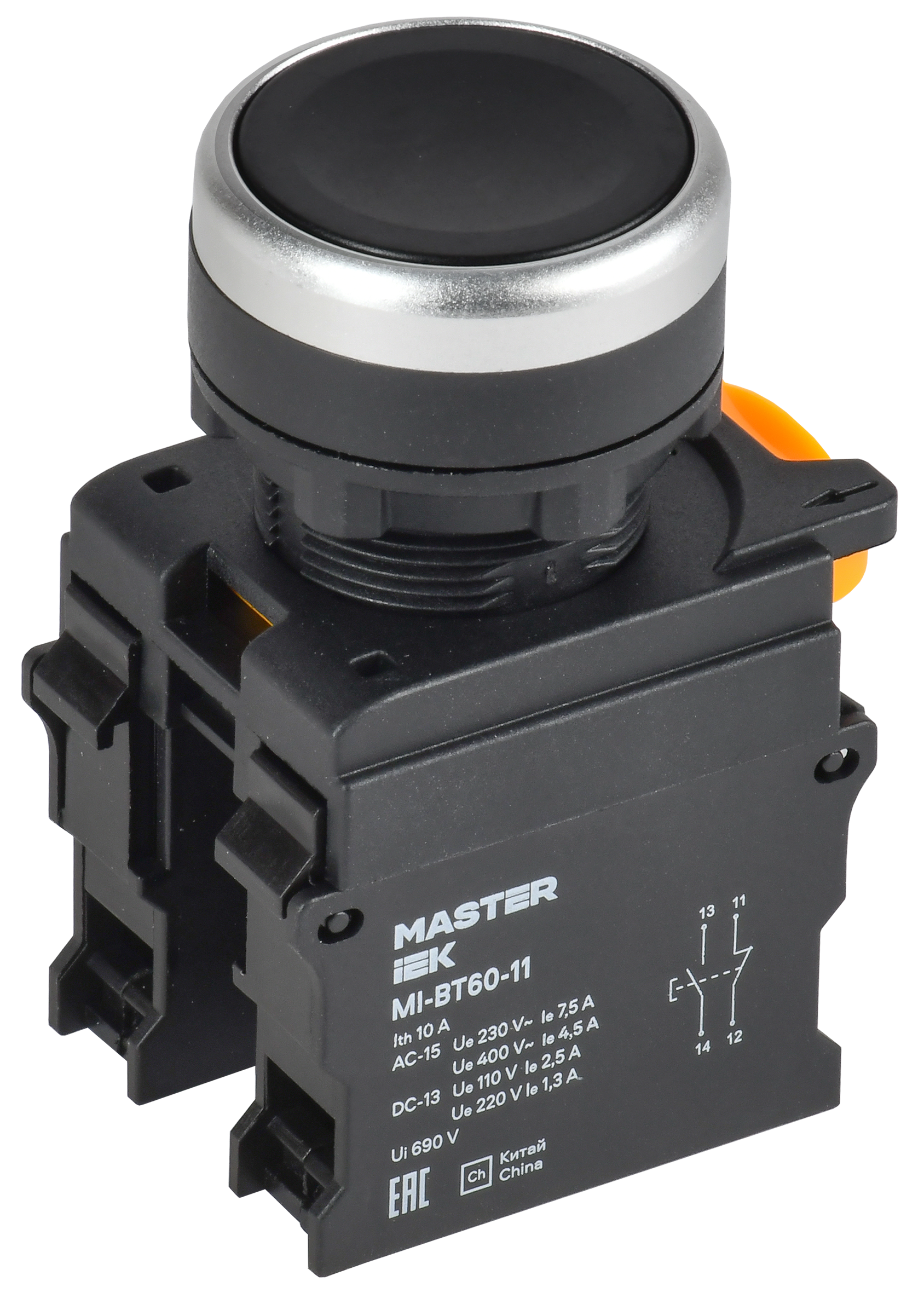 Кнопка d=22мм 1NO+1NC чёрная MASTER