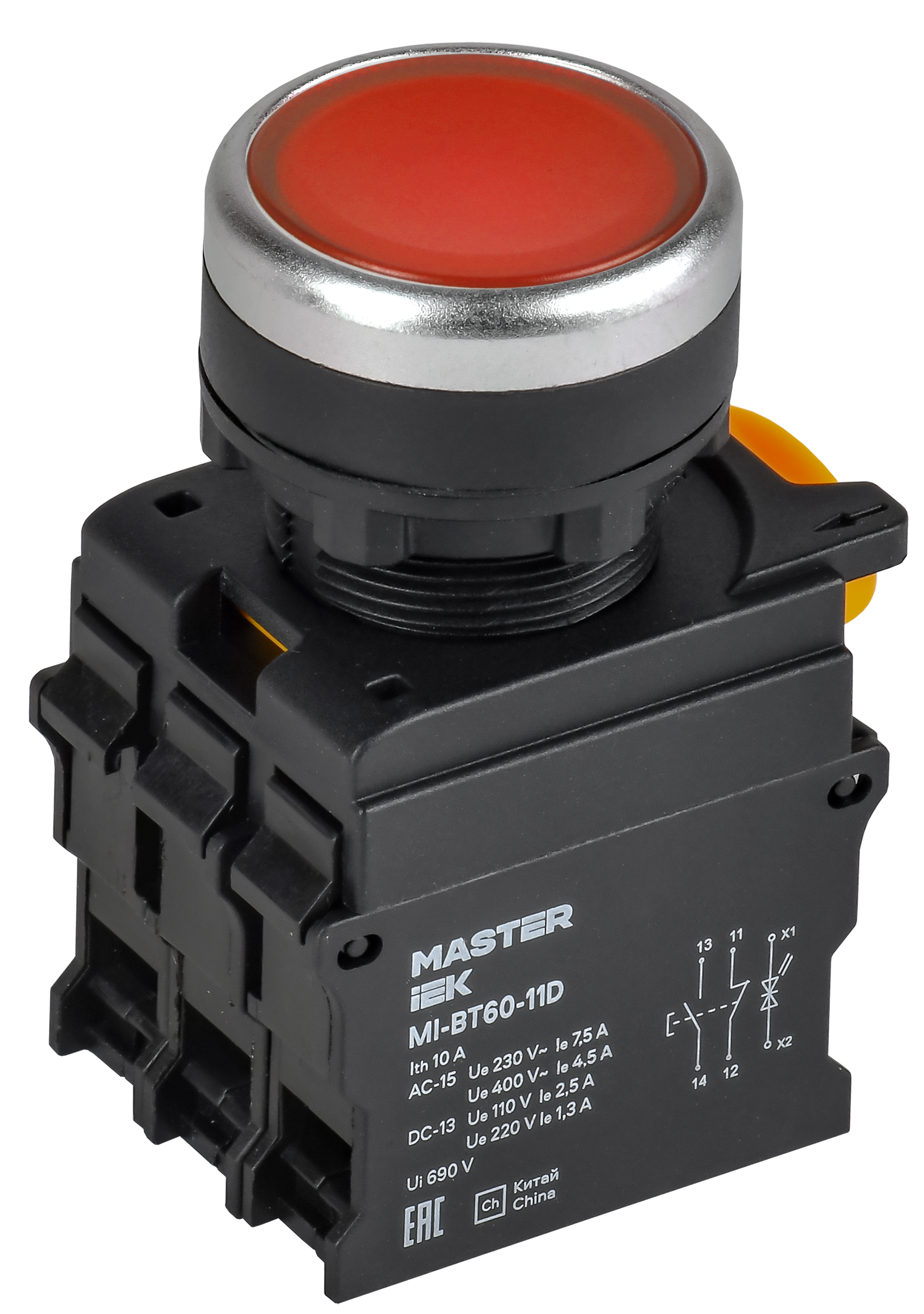 Кнопка с подсветкой d=22мм 1NO+1NC красная MASTER