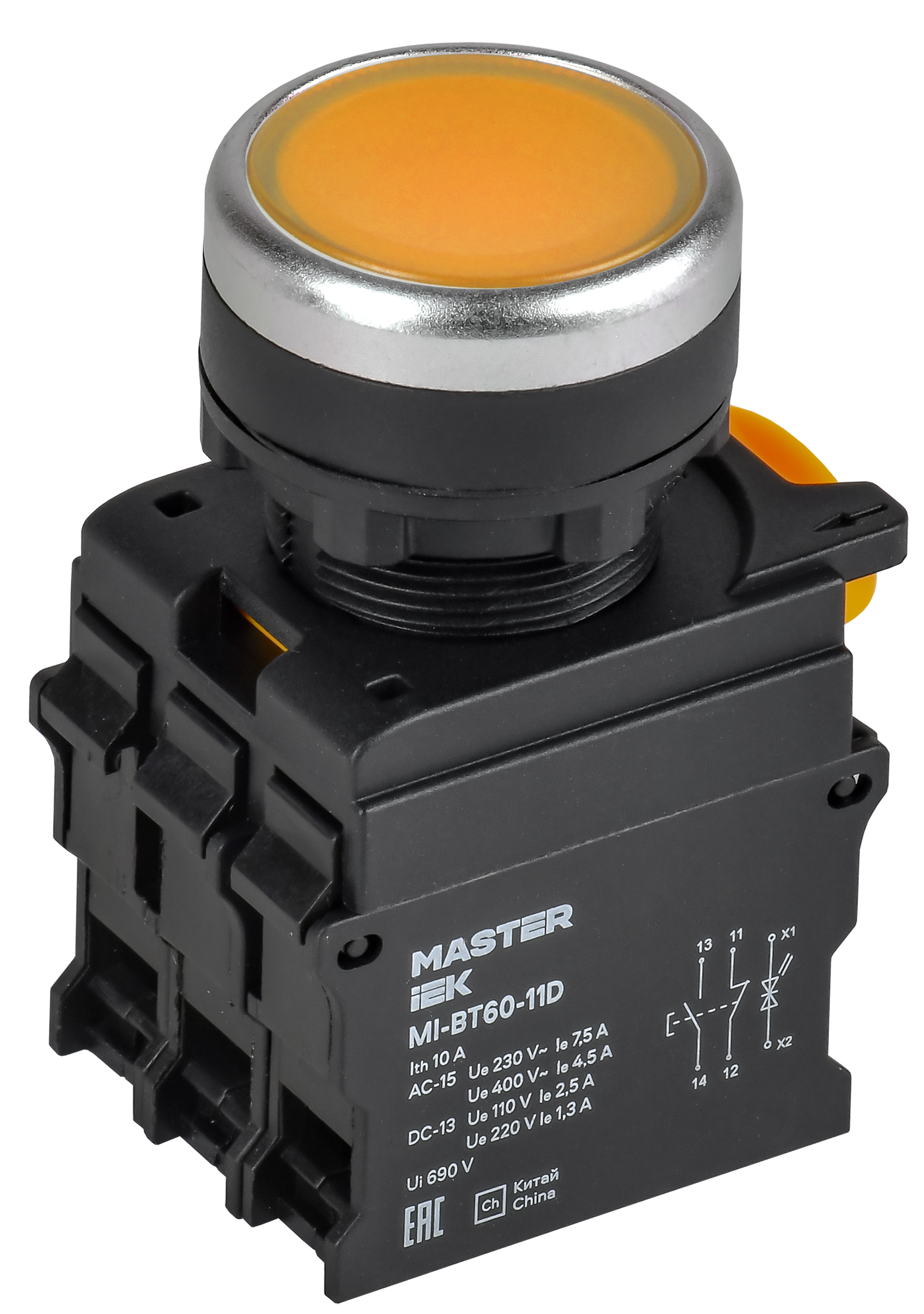 Кнопка с подсветкой d=22мм 1NO+1NC жёлтая MASTER