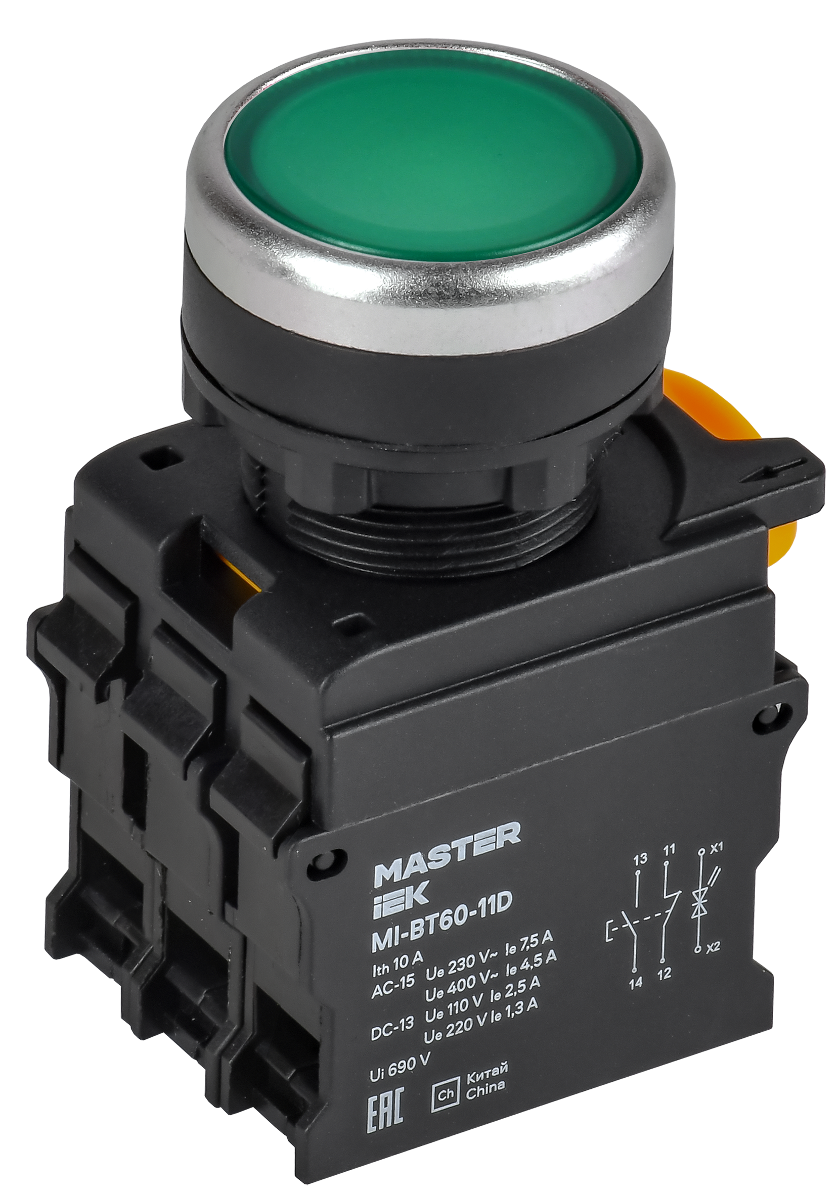 Кнопка с подсветкой d=22мм 1NO+1NC зелёная MASTER