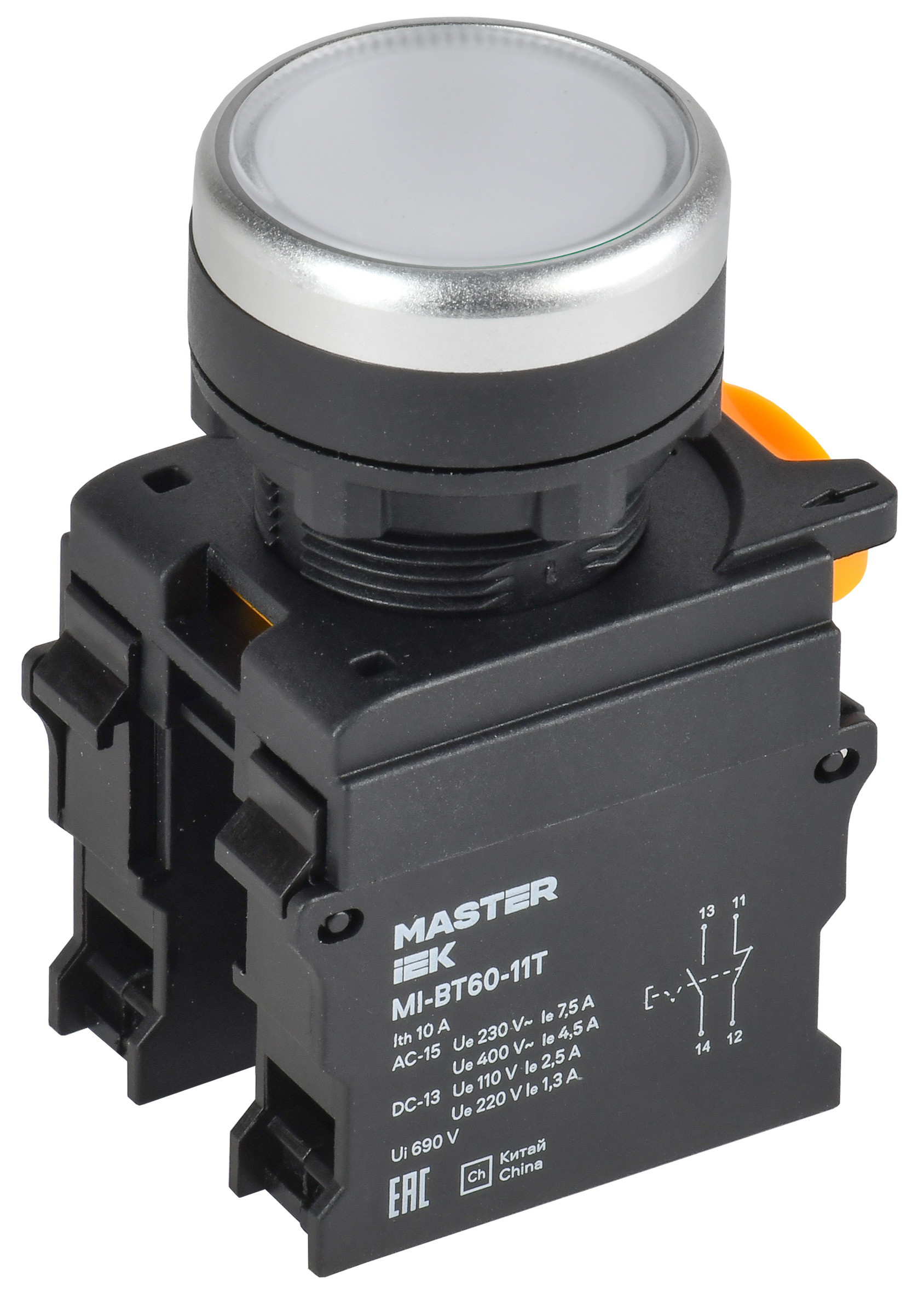 Кнопка с фиксацией d=22мм 1NO+1NC белая MASTER