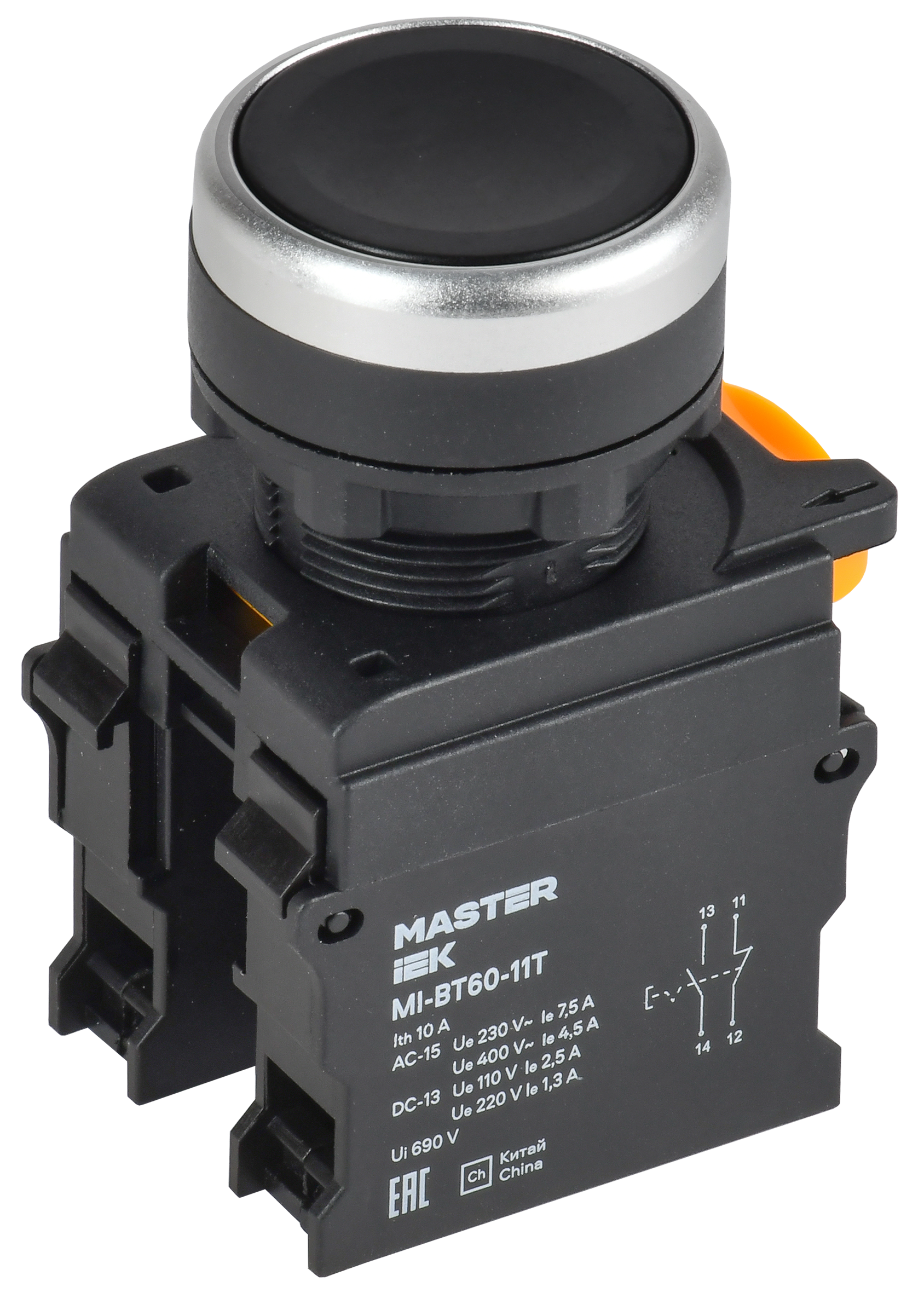 Кнопка с фиксацией d=22мм 1NO+1NC чёрная MASTER