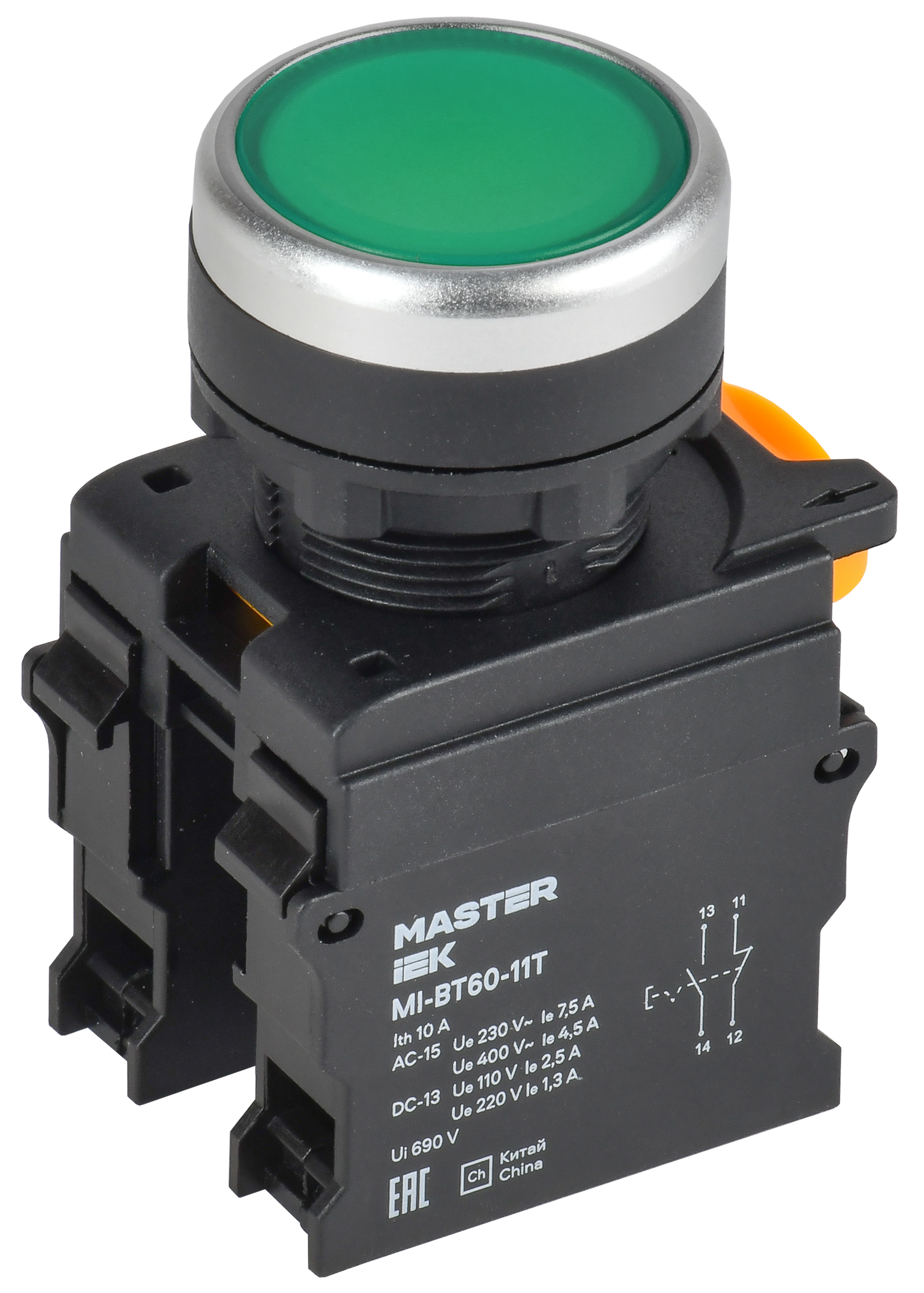 Кнопка с фиксацией d=22мм 1NO+1NC зелёная MASTER