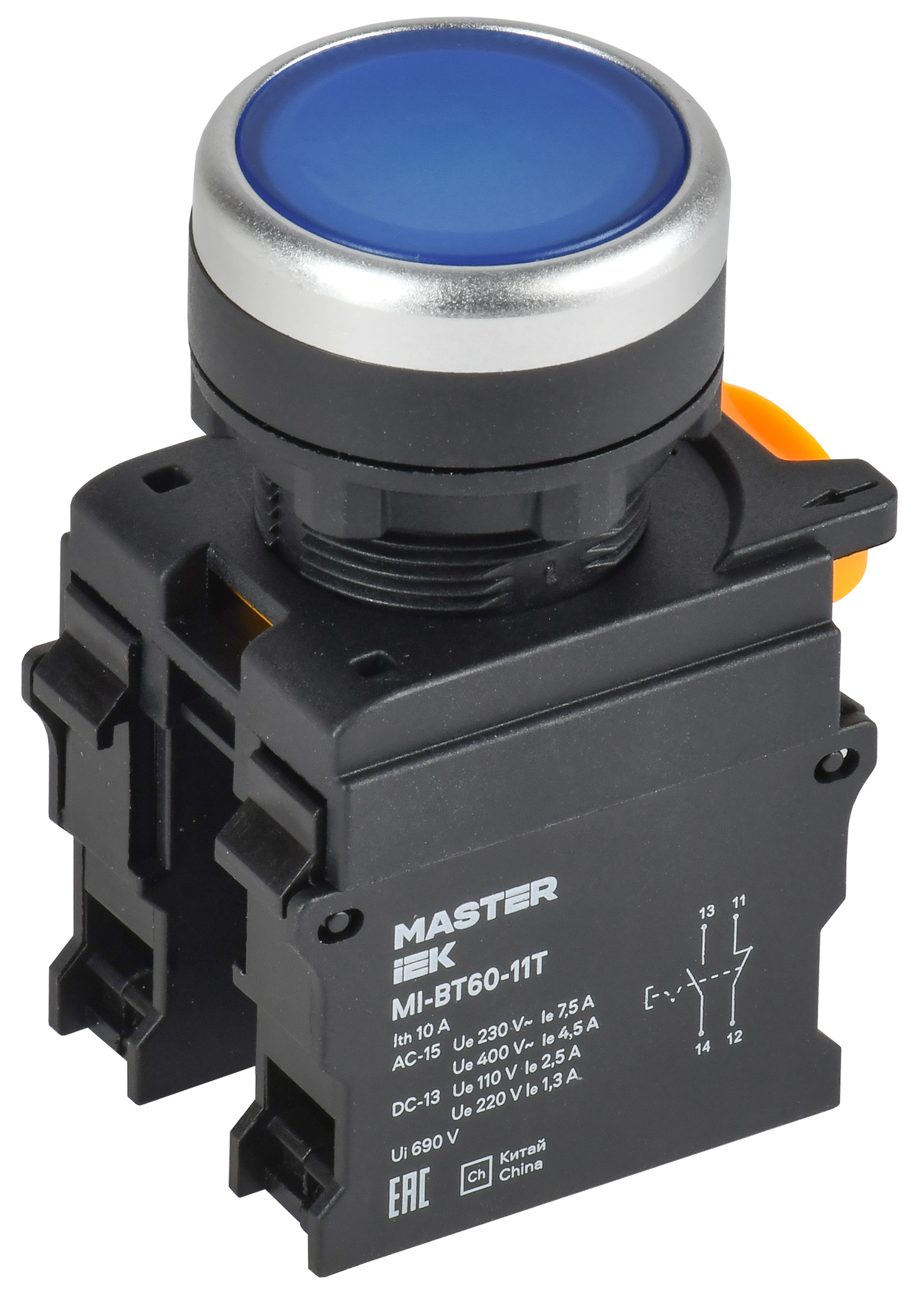 Кнопка с фиксацией d=22мм 1NO+1NC синяя MASTER