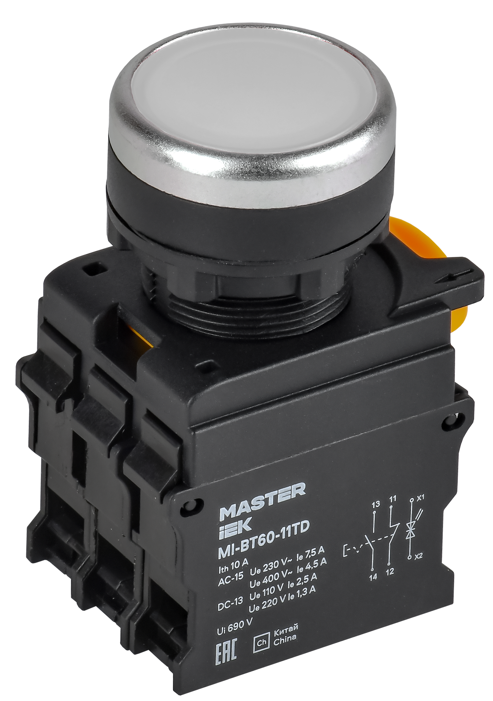 Кнопка с подсвет. и фикс. d=22мм 1NO+1NC белая MASTER