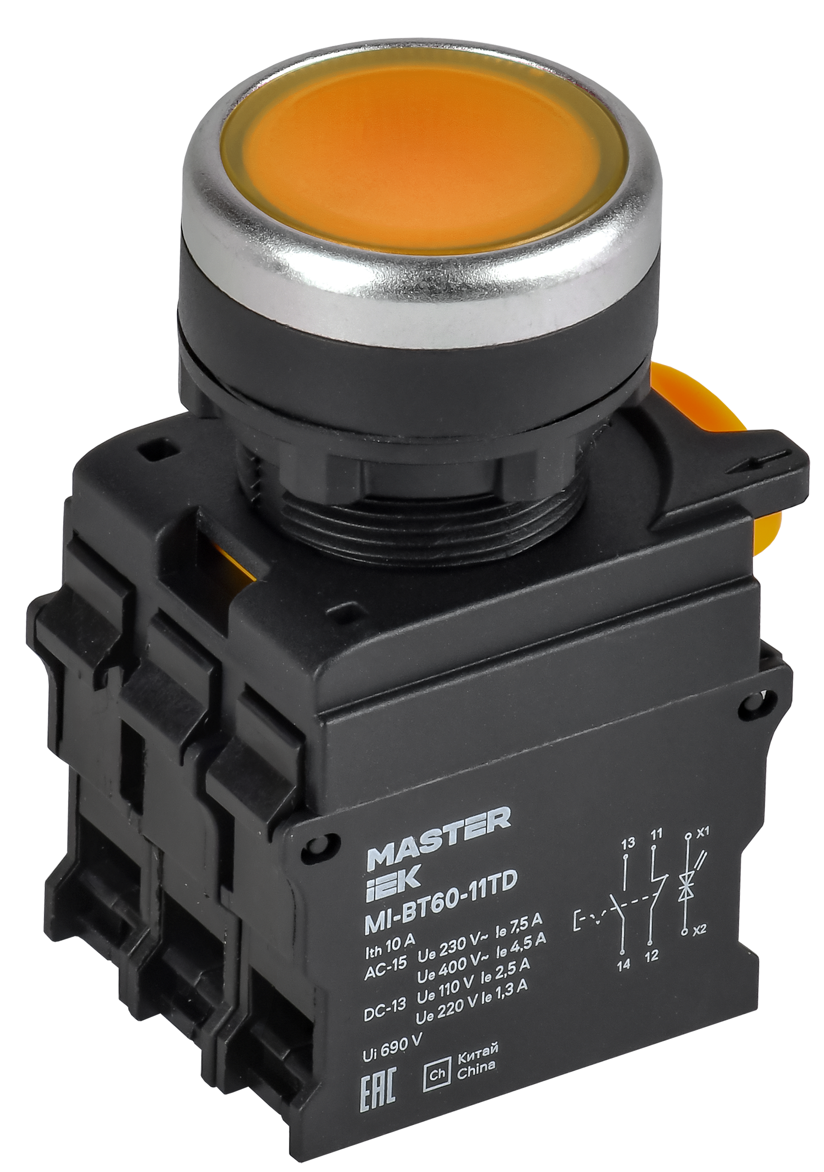 Кнопка с подсвет. и фикс. d=22мм 1NO+1NC жёлтая MASTER