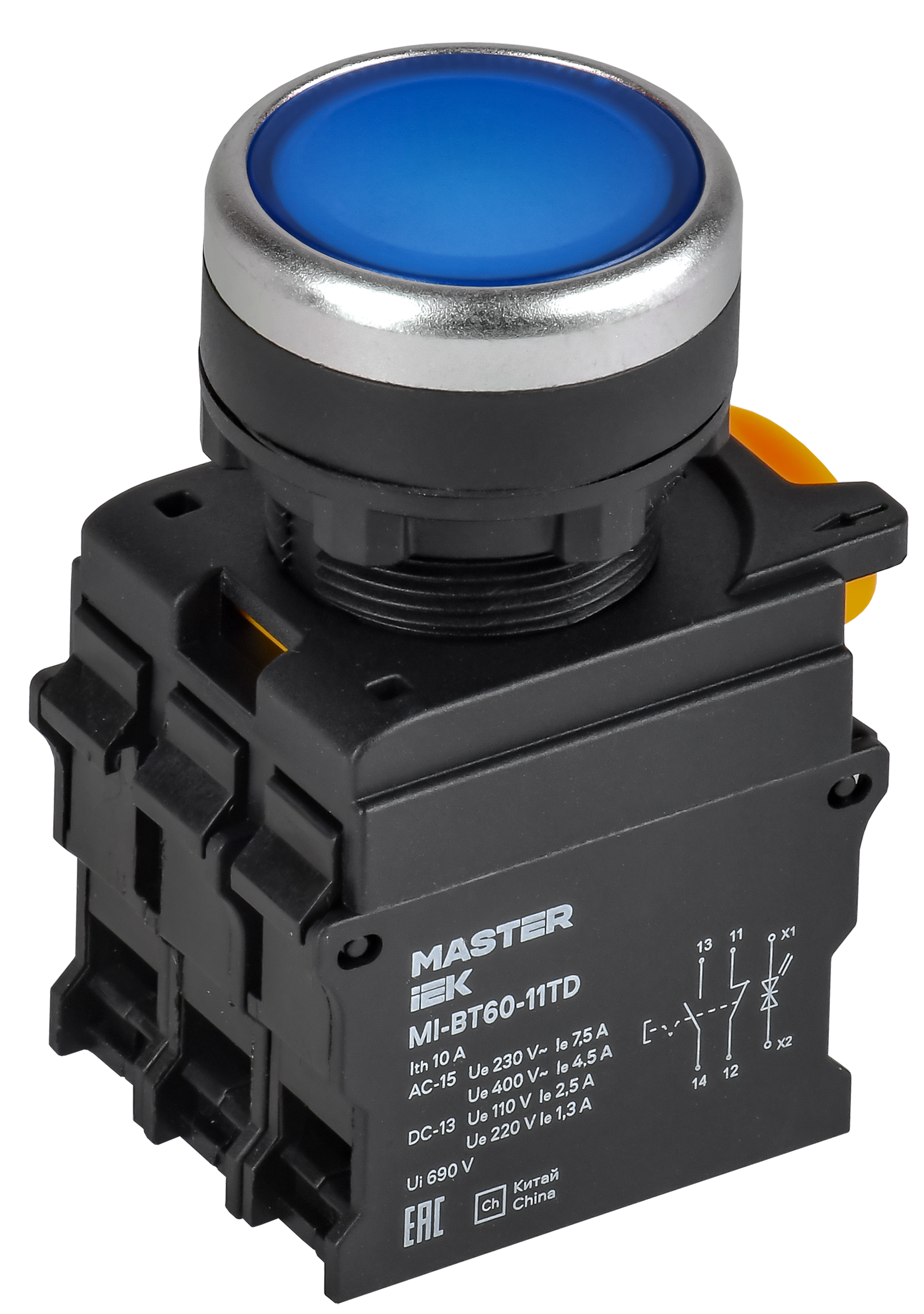 Кнопка с подсвет. и фикс. d=22мм 1NO+1NC синяя MASTER