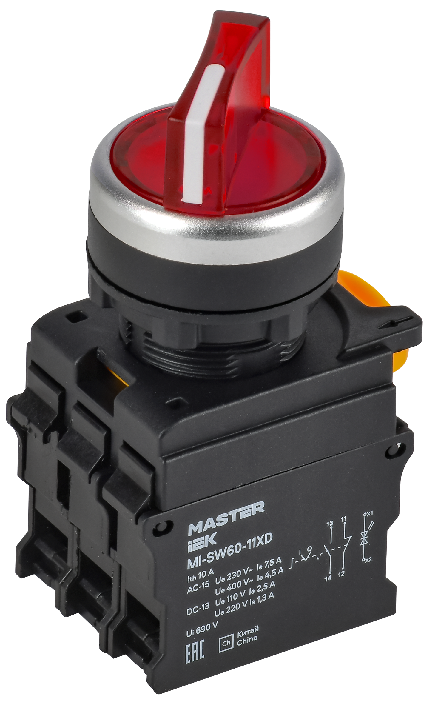 Переключатель с подсв. 2 полож. 1NO+1NC красный MASTER