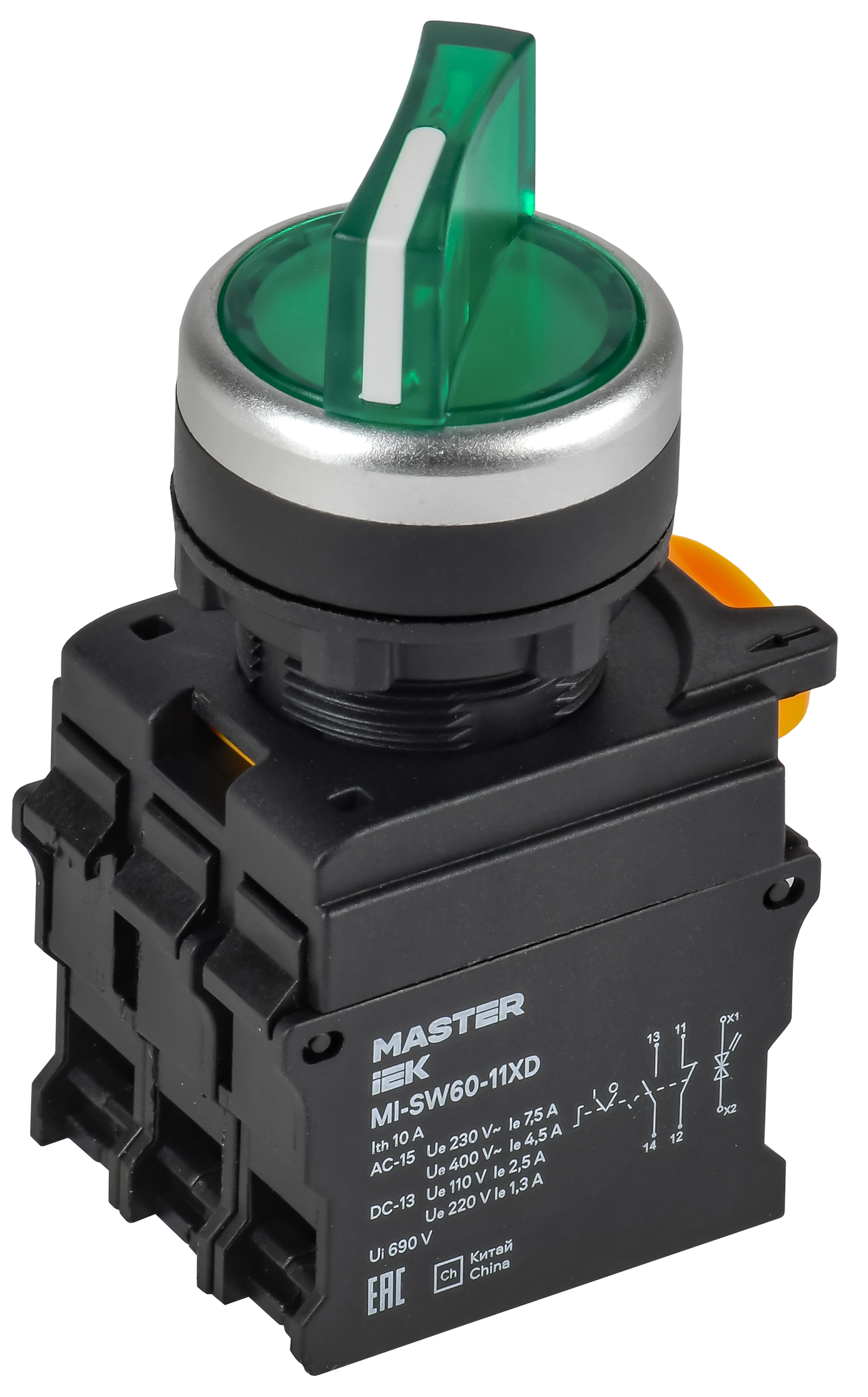 Переключатель с подсв. 2 полож. 1NO+1NC зеленый MASTER