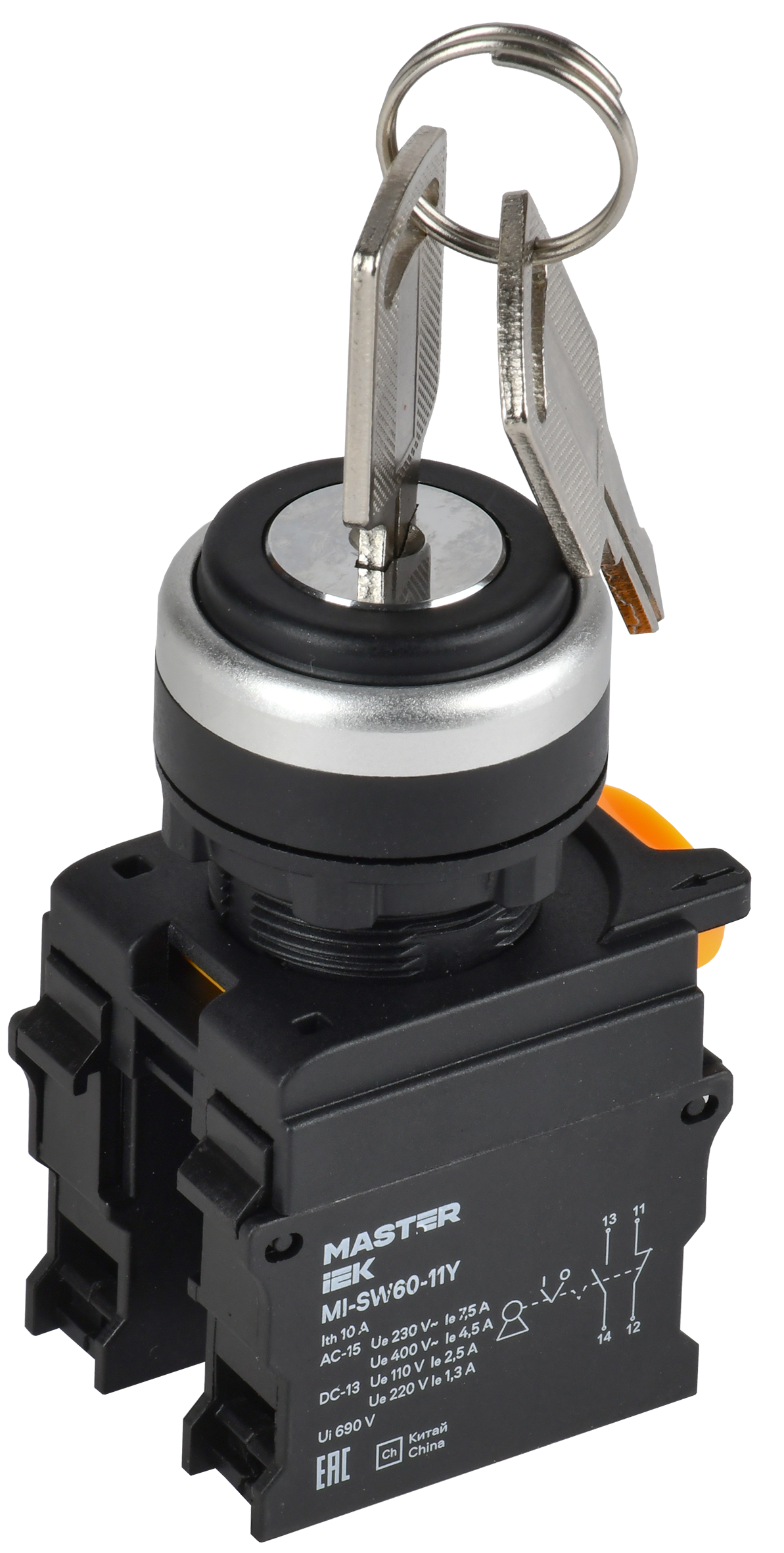 Переключатель с ключом 2 полож. 1NO+1NC чёрный MASTER